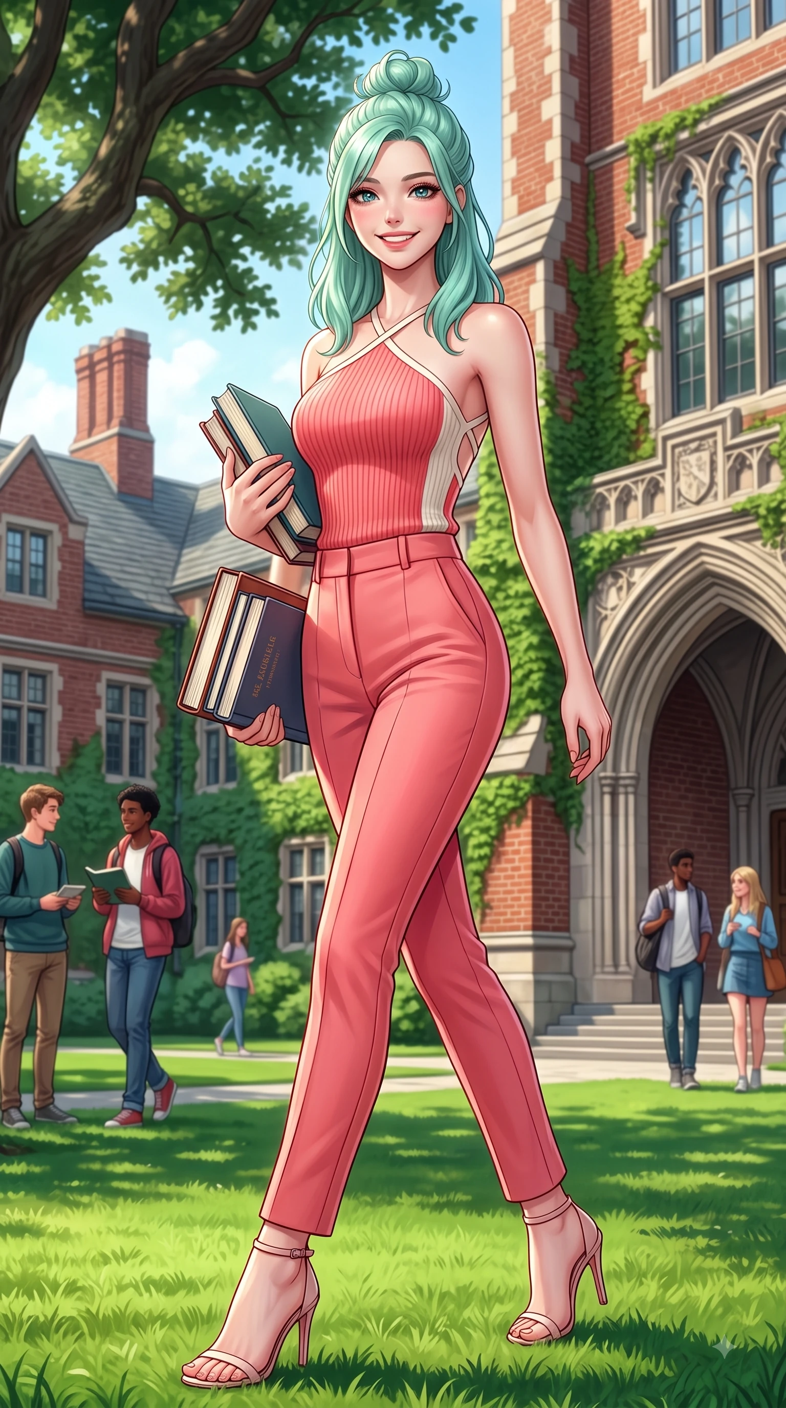 score_9, masterpiece, best quality, ultra-detailed, high-budget anime keyframe, editorial fashion photography, tasteful artistic composition, Japanese woman. low angle full-body shot from head to toe showing her feet, filling the entire 9:16 vertical frame with her statuesque presence, stretching her vertical silhouette. stepping forward gracefully in mid-motion with a delighted cute expression, displaying her statuesque model proportions while walking happily across a lush green university campus quad carrying books with a beaming smile. The surrounding environment is rendered in vivid detail and crisp panoramic clarity. classic red-brick campus architecture, ivy-covered stone walls, and grand archways captured in deep focus. She has an absolutely perfect, statuesque 8.5-heads proportion, an exceptionally tall and slender model-like female figure with impossibly long slender legs and an ultra-slim waist. sharp v-shaped jawline, high-bridge nose, intricate jewel-like eyes with depth, thick eyelashes, glossy lips with a natural sheen, flawlessly proportioned anatomical accuracy, natural body alignment, perfectly sculpted elegant limbs, clean dynamic posture without body distortion. wearing a form-contouring ribbed knit top paired with high-waisted tailored stretch trousers in vibrant coral pink and pure ivory, knitted from soft cozy cashmere yarn, finished with delicate criss-cross back straps highlighting her bare shoulders, the sleek second-skin texture accentuating her magnetic presence. surrounded by an uplifting, fresh, and youthful academic ambiance. highly saturated vibrant anime colors, detailed shading with soft gradients, rich glossy textures, high-contrast stereoscopic depth, volumetric dynamic lighting, master piece, 9:16 ratio