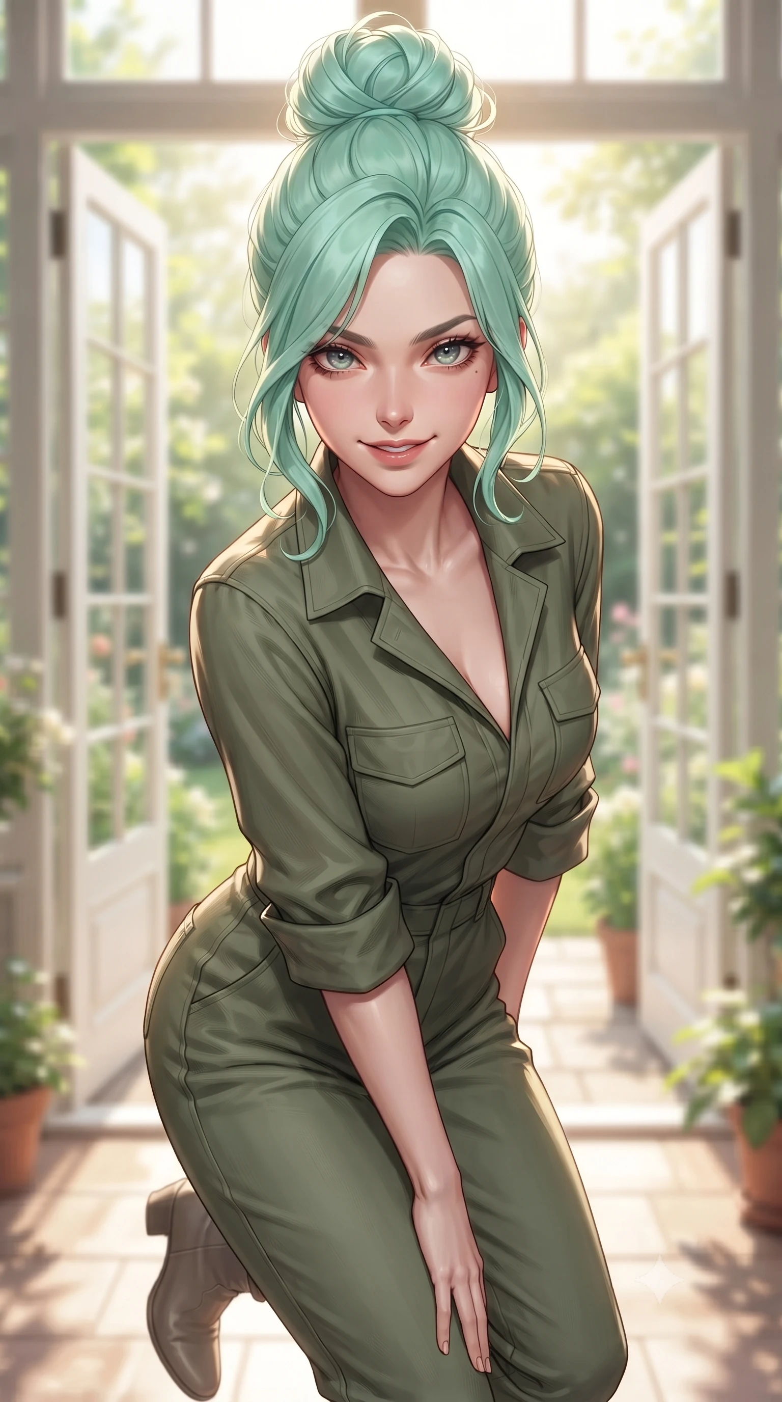 score_9, masterpiece, best quality, ultra-detailed, high-budget anime keyframe, editorial fashion photography, tasteful artistic composition, Japanese woman. close-up cowboy shot from the waist and thighs up, the character dominates the composition, filling the frame with her large presence, background elements kept in soft focus. leaning slightly forward with a playful, teasing smile, her gaze locked onto the viewer the background shows a soft-focus a private sun-drenched botanical patio with double glass doors opening to a garden. She has an exceptionally elegant, slender, and willowy female figure with an ultra-slim waist, a gracefully sculpted slender torso, and a refined silhouette. sharp v-shaped jawline, high-bridge nose, intricate jewel-like eyes with depth, thick eyelashes, glossy lips with a natural sheen. wearing a slim-fit comfortable olive green cotton utility jumpsuit with a structured collar and rolled-up sleeves. bright afternoon sun rays illuminating the entire green space and her form. ultra-reflective glossy finish, specular highlights, metallic sheen, high-contrast stereoscopic depth, volumetric dynamic lighting, 2k, ultra detail, master piece, 9:16 ratio