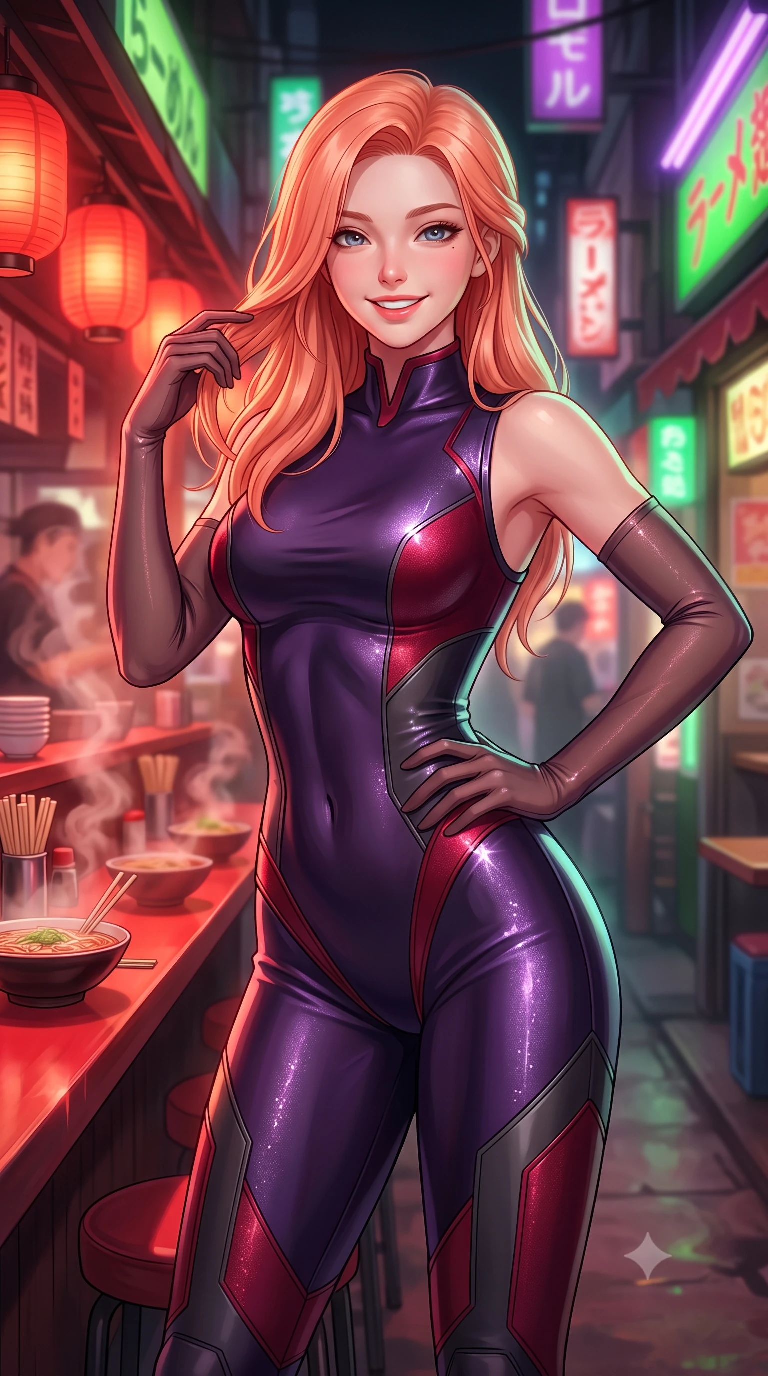 score_9, masterpiece, best quality, ultra-detailed, high-budget anime keyframe, semi-realistic 3D game render, editorial fashion photography, tasteful artistic composition, Japanese woman. close-up cowboy shot from the waist and thighs up, the character dominates the composition, filling the frame with her large presence. twisting her slender torso in an alluring contrapposto stance, one hand resting on her sculpted hip while her fingers toy with her hair with effortless poise while twisting her slender torso in an alluring S-curve beside the red-lit noodle bar counter, neon reflections and warm steam tracing her flat midriff and hips. The background shows a soft-focus swirling aromatic food steam softened in subterranean market alley shallow focus. She has an exceptionally elegant, slender, and willowy female figure with an ultra-slim waist, flat toned midriff, narrow ribcage, and sculpted feminine hips creating an alluring, slim hourglass silhouette without bulk. sharp v-shaped jawline, high-bridge nose, intricate jewel-like sparkling eyes with depth, thick eyelashes, glossy parted lips with a natural peach sheen, bright cheerful beaming smile with an enchanting and coquettish sensual glint, exuding both youthful cute charm and seductive allure, flawlessly proportioned anatomical accuracy, strict slender model proportions, natural body alignment, perfectly sculpted long slender limbs, ultra-slim waistline, clean dynamic posture without body distortion. wearing a form-fitting orbital flight command jumpsuit in dark purple liquid satin with a high collar, contouring tightly to her narrow waist and feminine hips in deep crimson hazard red and matte dark titanium, woven from stretch metallic lurex jersey casting radiant starlight glints across her curves, complemented by sheer opera-length evening gloves tracing her slender arms, the second-skin tailored fabric adhering flawlessly to her sculpted flat midriff and slender torso, emphasizing her long leg lines and perfectly proportioned willowy build. bathed in warm 2200K crimson lantern light combined with vibrant green and ultraviolet market stall tube lights. highly saturated vibrant anime colors, detailed shading with soft gradients, rich glossy textures, high-contrast stereoscopic depth, volumetric dynamic lighting, master piece, 9:16 ratio