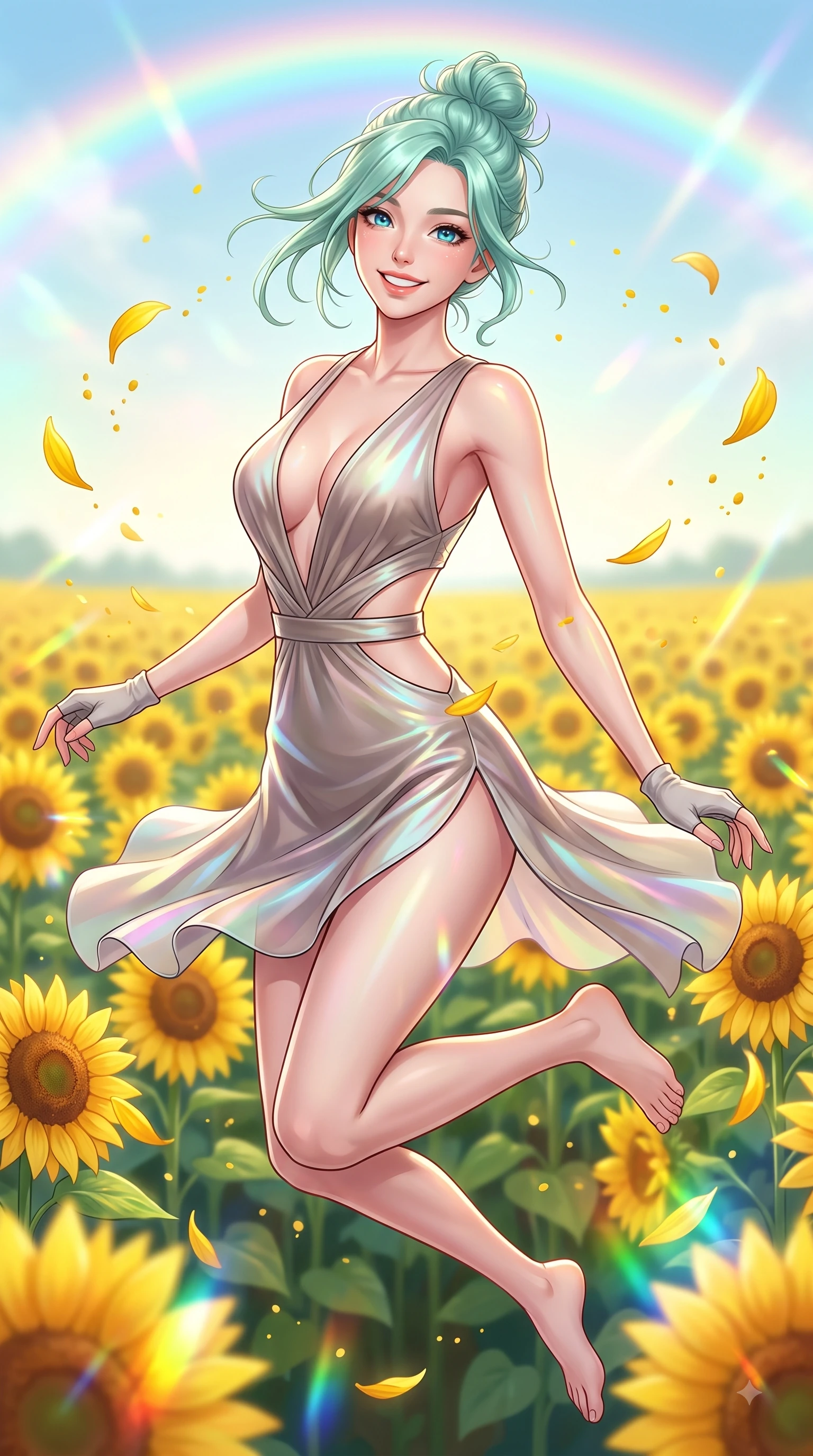 score_9, masterpiece, best quality, ultra-detailed, high-budget anime keyframe, editorial fashion photography, tasteful artistic composition, Japanese woman. close-up cowboy shot from the waist and thighs up, the character dominates the composition, filling the frame with her large presence, background elements kept in soft focus. Radiant bright smile with sparkling eyes directed right into the lens, her torso turning in a dynamic S-curve alignment while leaping with pure joy across a endless field of blooming golden sunflowers under a rainbow sky, floating flower pollen and yellow petals drifting gracefully in dynamic orbital paths. She has an exceptionally elegant, slender, and willowy female figure with an ultra-slim waist, a gracefully sculpted slender torso, and a refined silhouette. sharp v-shaped jawline, high-bridge nose, intricate jewel-like eyes with depth, thick eyelashes, glossy lips with a natural sheen, flawlessly proportioned anatomical accuracy, natural body alignment, perfectly sculpted elegant limbs, clean dynamic posture without body distortion. wearing a liquid mercury gloss mini dress with ultra-deep V-neck and waist cutouts in muted taupe and soft ivory, crafted from iridescent chiffon that shifts colors in the light, finished with a sleek side slit ascending to mid-thigh, the tailored fabric tightly following every curve of her athletic build. illuminated by dazzling rainbow refractions and bright, cheerful ambient sky glow. highly saturated vibrant anime colors, detailed shading with soft gradients, rich glossy textures, high-contrast stereoscopic depth, volumetric dynamic lighting, master piece, 9:16 ratio
