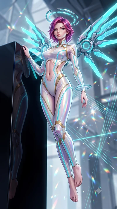 score_9, masterpiece, best quality, ultra-detailed, high-budget anime keyframe, semi-realistic 3D game render, editorial fashion photography, tasteful artistic composition, Caucasian woman. low angle full-body shot from head to toe showing her feet, 