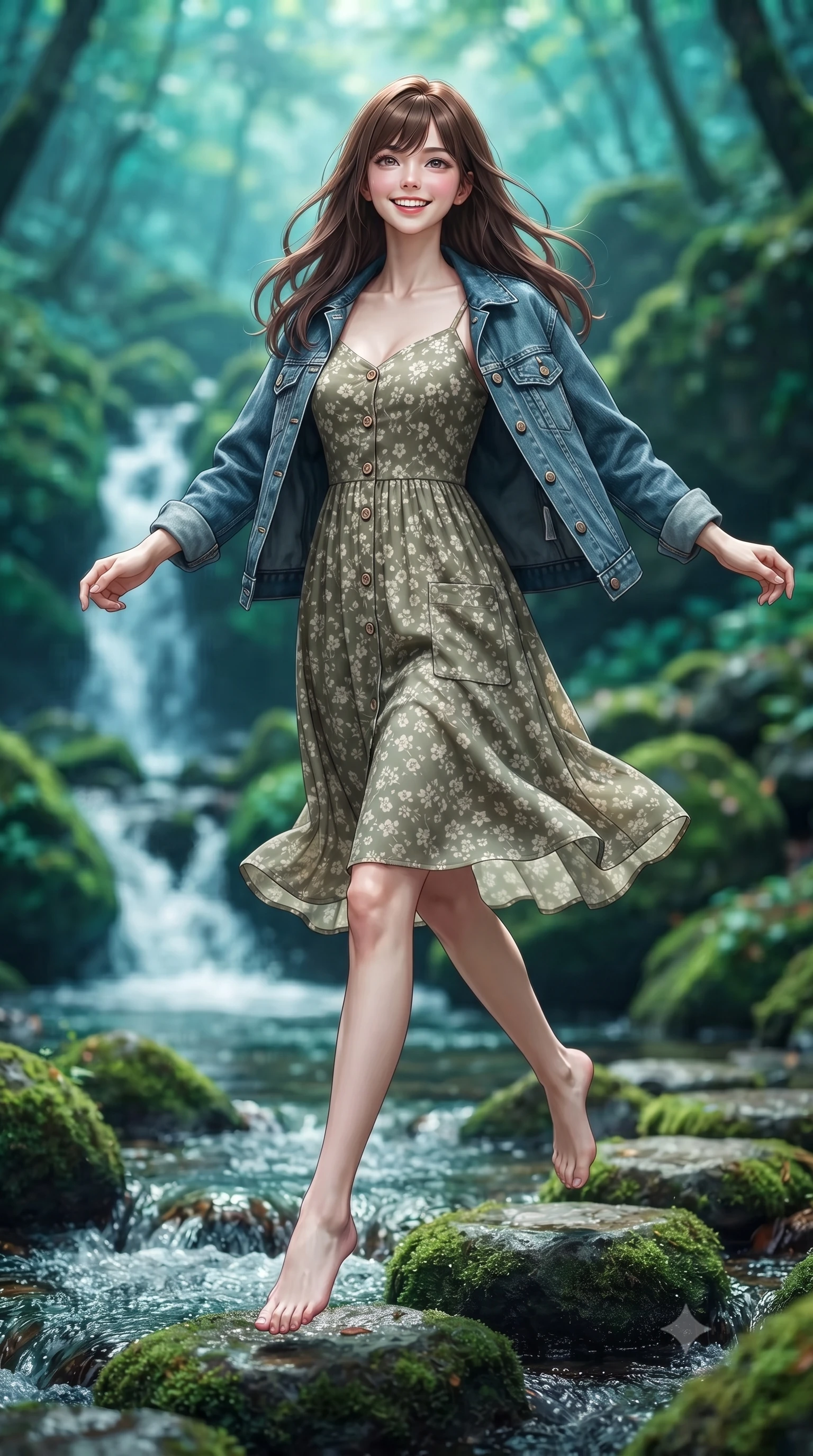 score_9, masterpiece, best quality, ultra-detailed, high-budget anime keyframe, editorial fashion photography, tasteful artistic composition, Korean woman. low angle full-body shot from head to toe showing her feet, filling the entire 9:16 vertical frame with her statuesque presence, stretching her vertical silhouette. leaping with lighthearted youthful energy across the natural path with a dazzling bright smile and balanced athletic poise while stepping lightly across mossy stepping stones over a bubbling creek, her balance effortlessly graceful and poised. The composition keeps background elements in soft focus with creamy bokeh. cascading white water ribbons and emerald mossy boulders blurred into lush turquoise, jade, and crystal bokeh. She has an absolutely perfect, statuesque 8.5-heads proportion, an exceptionally tall and slender model-like female figure with impossibly long slender legs, a toned flat midriff, and an ultra-slim waist. sharp v-shaped jawline, high-bridge nose, intricate jewel-like eyes with depth, thick eyelashes, glossy lips with a natural sheen, pure and lovely fresh girlhood expression, flawlessly proportioned anatomical accuracy, strict slender model proportions, natural body alignment, perfectly sculpted long slender limbs, ultra-slim waistline, clean dynamic posture without body distortion. wearing a classic denim jacket worn lightly over shoulders with a floral print slip dress underneath in muted olive green and ivory cotton, made of fine lightweight chiffon with a soft fluid drape, finished with neat natural wooden buttons and patch pocket details, the body-hugging lightweight knit clinging delicately to her slender torso, accentuating her graceful neck and feminine lines. surrounded by an enchanting, whimsical, and pure fairy-tale glen maiden aura. ultra-reflective glossy finish, specular highlights, rich natural textures, high-contrast stereoscopic depth, volumetric dynamic lighting, 2k, ultra detail, master piece, 9:16 ratio