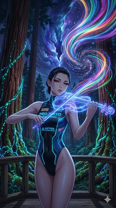 score_9, masterpiece, best quality, ultra-detailed, Set A: High-budget Anime Keyframe, Japanese woman. Upper body close-up from the thighs up, character filling the screen for maximum presence. Theme: Primal Nature. playing a holographic violin in a 
