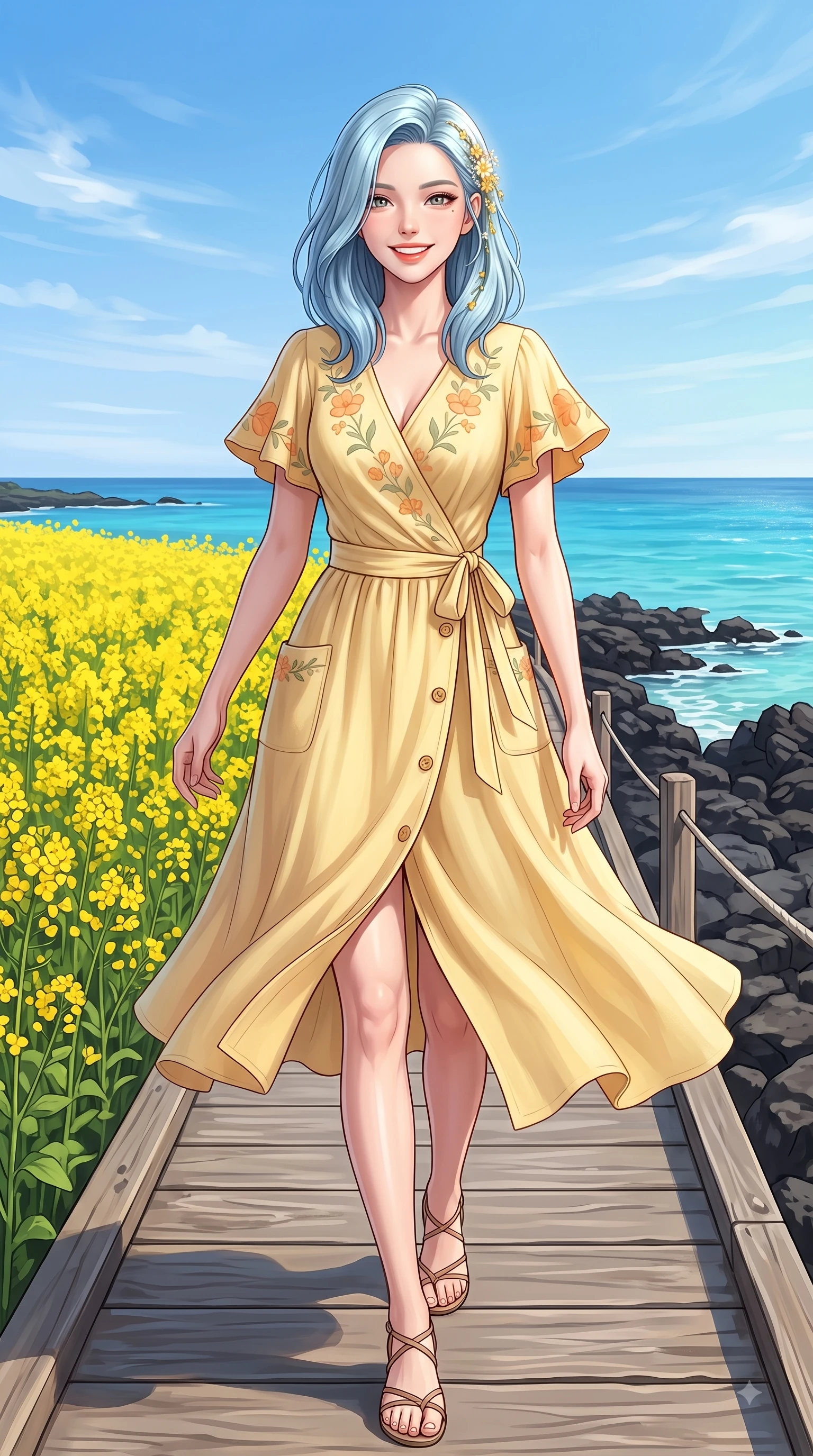 score_9, masterpiece, best quality, ultra-detailed, high-budget anime keyframe, editorial fashion photography, tasteful artistic composition, Korean woman. close-up cowboy shot from the waist and thighs up, the character dominates the composition, filling the frame with her large presence. Youthful bright smile exuding pure cute charm and fresh energy, her torso turning dynamically into the lens while walking cheerfully along a coastal wooden boardwalk overlooking a turquoise ocean under a bright blue sky. The surrounding environment is rendered in vivid detail and crisp panoramic clarity. blooming yellow canola flower fields, dark basalt sea rocks, and crystal-clear turquoise ocean stretching to the horizon. She has an exceptionally elegant, slender, and willowy female figure with an ultra-slim waist, a gracefully sculpted slender torso, and a refined silhouette. sharp v-shaped jawline, high-bridge nose, intricate jewel-like eyes with depth, thick eyelashes, glossy lips with a natural sheen, flawlessly proportioned anatomical accuracy, natural body alignment, perfectly sculpted elegant limbs, clean dynamic posture without body distortion. wearing an elegant butter-yellow wrap midi dress with subtle floral embroidery and flutter sleeves in warm apricot and sage green, crafted from soft breathable linen, finished with neat front wooden buttons and pocket details, the soft airy drape swaying gracefully with her dynamic movements. surrounded by a fresh, sun-drenched, and relaxing vacation atmosphere. highly saturated vibrant anime colors, detailed shading with soft gradients, rich glossy textures, high-contrast stereoscopic depth, volumetric dynamic lighting, master piece, 9:16 ratio