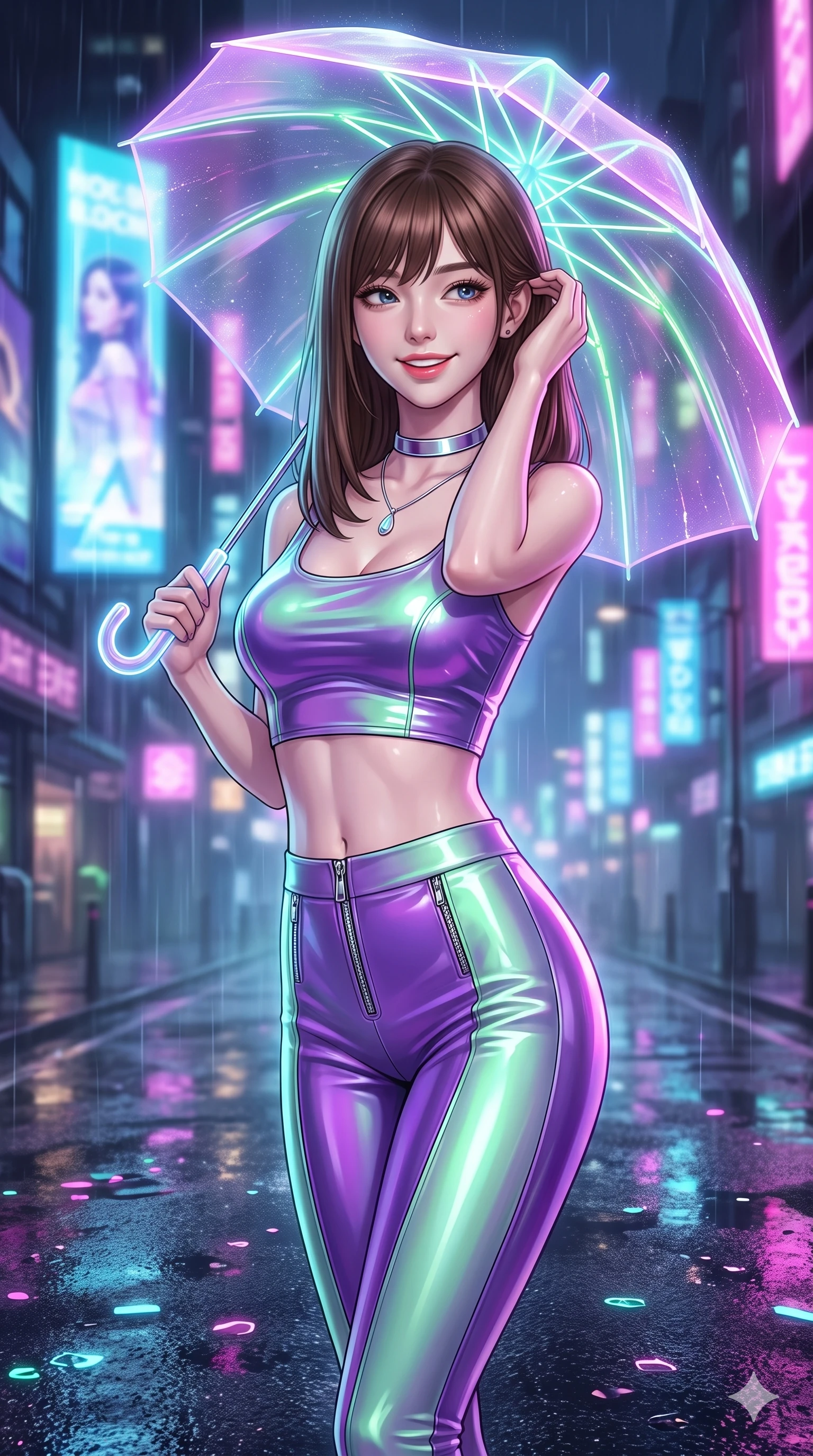 score_9, masterpiece, best quality, ultra-detailed, high-budget anime keyframe, editorial fashion photography, tasteful artistic composition, Korean woman. close-up cowboy shot from the waist and thighs up, the character dominates the composition, filling the frame with her large presence. gently brushing a lock of hair behind her ear while casting a playful, flirtatious side-gaze with long eyelashes while standing poised on the wet asphalt boulevard beneath a glowing translucent umbrella with laser ribs, arching her lower back with sovereign supermodel allure as rain droplets scatter neon light. The background shows a soft-focus fine urban rain mist softened in cyberpunk neon boulevard shallow focus. She has an exceptionally elegant, slender, and willowy female figure with an ultra-slim waist, flat toned midriff, narrow ribcage, and sculpted feminine hips creating an alluring, slim hourglass silhouette without bulk. sharp v-shaped jawline, high-bridge nose, intricate jewel-like sparkling eyes with depth, thick eyelashes, glossy parted lips with a natural peach sheen, bright cheerful beaming smile with an enchanting and coquettish sensual glint, exuding both youthful cute charm and seductive allure, flawlessly proportioned anatomical accuracy, strict slender model proportions, natural body alignment, perfectly sculpted long slender limbs, ultra-slim waistline, clean dynamic posture without body distortion. wearing a glossy vinyl crop top and high-waist tailored leggings with sleek chrome zippers and exposed midriff in phosphorescent ultraviolet amethyst and mint green, crafted from fluid liquid silk satin that clings smoothly to her narrow waist and rounded hips with a dewy sheen, finished with a minimalist chrome choker and a single teardrop diamond pendant, the glove-like clinging cut tightly following the natural contour of her hips and long slender legs with youthful 8.5-heads elegance. bathed in the dynamic multi-colored glow of towering holographic billboards mixed with street rain reflections. ultra-reflective glossy finish, specular highlights, rich textural contrasts, high-contrast stereoscopic depth, volumetric dynamic lighting, 2k, ultra detail, master piece, 9:16 ratio
