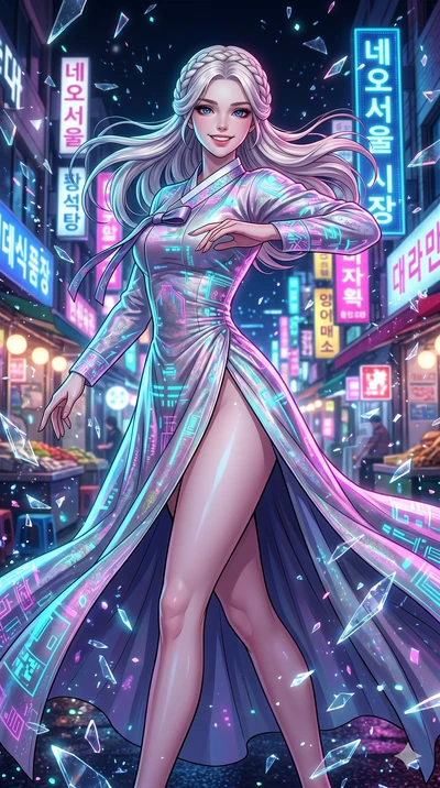 score_9, masterpiece, best quality, ultra-detailed, Set A: High-budget Anime Keyframe, Korean woman. Upper body close-up from the thighs up, character filling the screen for maximum presence. Dancing through a neon-lit Neo-Seoul market, while a digit