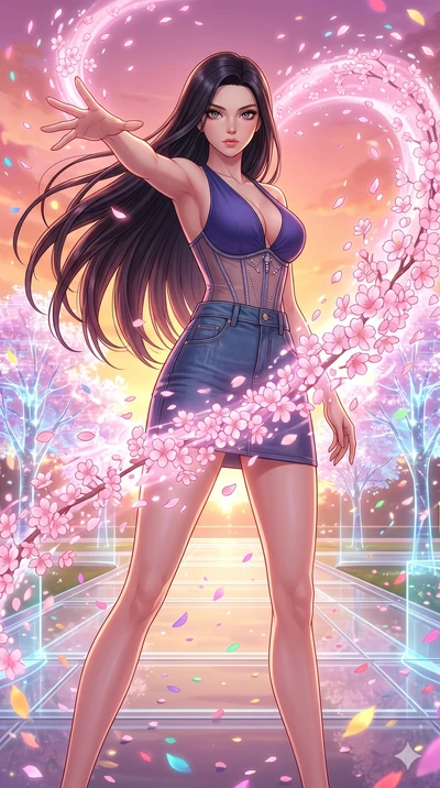 score_9, masterpiece, best quality, ultra-detailed, High-budget Anime Keyframe, beautiful Caucasian anime girl (strictly human ears). Low angle cowboy shot filling the entire 9:16 frame with her statuesque presence. Summoning a wave of pink cherry bl