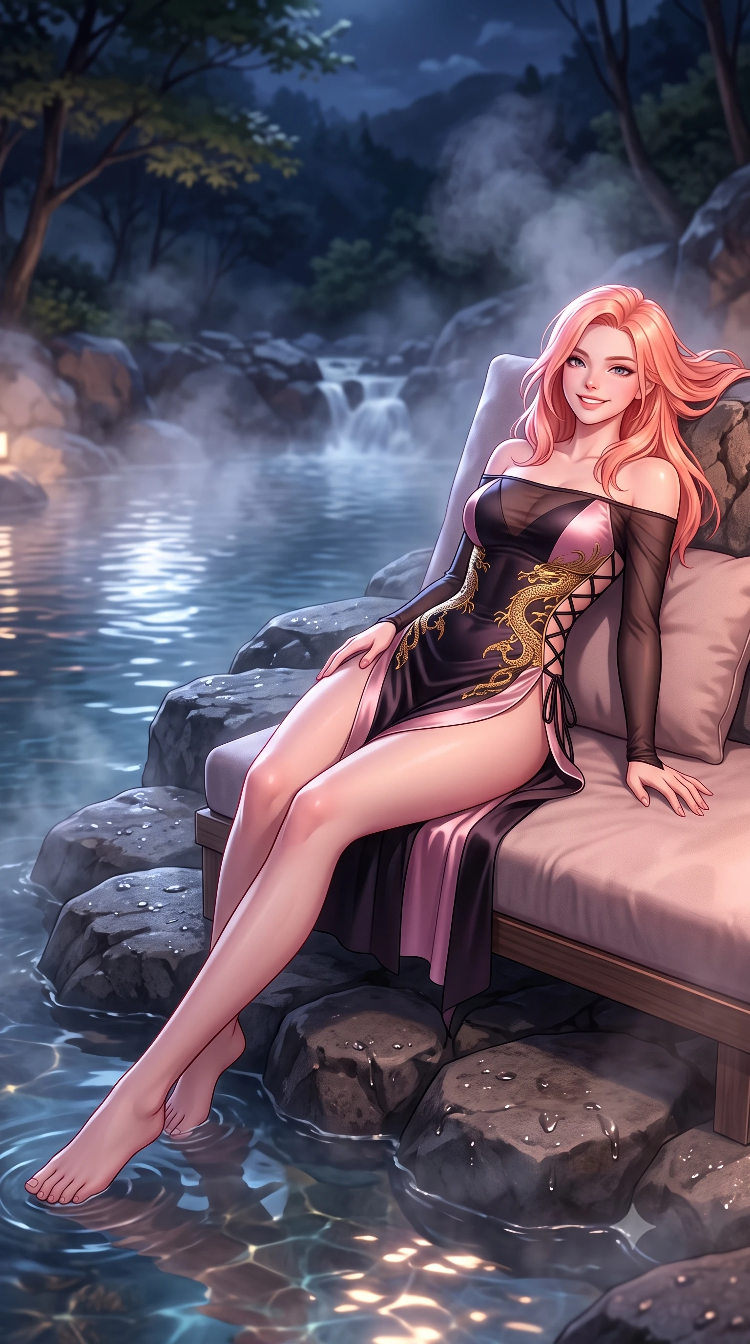 score_9, masterpiece, best quality, ultra-detailed, high-budget anime keyframe, semi-realistic 3D game render, editorial fashion photography, tasteful artistic composition, Japanese woman. low angle full-body shot from head to toe showing her feet, filling the entire 9:16 vertical frame with her statuesque presence, stretching her vertical silhouette. reclining gracefully across the plush chaise lounge with one leg extended, her sculpted silhouette and flat midriff radiating magnetic nocturnal glamour while lounging gracefully in the steaming thermal pool propped on the riverbank rock with legs extended, her statuesque 8.5-heads silhouette commanding the gorge. The background shows a soft-focus drifting sulfur steam clouds softened in mystical Hakone mountain sanctuary shallow focus. She has an exceptionally tall and slender model-like 8.5-heads proportion, an ultra-slim waist, a flat toned midriff, narrow delicate ribcage, and beautifully sculpted feminine hips creating a graceful, slim hourglass silhouette without any bulky heaviness, with impossibly long slender legs. sharp v-shaped jawline, high-bridge nose, intricate jewel-like sparkling eyes with depth, thick eyelashes, glossy parted lips with a natural peach sheen, bright cheerful beaming smile with an enchanting and coquettish sensual glint, exuding both youthful cute charm and seductive allure, flawlessly proportioned anatomical accuracy, strict slender model proportions, natural body alignment, perfectly sculpted long slender limbs, ultra-slim waistline, clean dynamic posture without body distortion. wearing an off-the-shoulder sheer illusion mesh evening bodysuit with gold dragon-scale embroidery contouring her hourglass waist in Kyoto moonlit sakura blush and polished urushi black, crafted from fluid liquid silk satin that clings smoothly to her narrow waist and rounded hips with a dewy sheen, featuring fine criss-cross lace-up side ties revealing tantalizing glimpses of her hip curve, the high-slit wrap tailoring accentuating her ultra-slim waistline and the enchanting curve of her feminine hips with alluring seductive charm. illuminated by thermal river caustics bounce and sharp pearlescent-rose rim lights sculpting her jawline, flat midriff, and curvaceous hips. highly saturated vibrant anime colors, detailed shading with soft gradients, rich glossy textures, high-contrast stereoscopic depth, volumetric dynamic lighting, master piece, 9:16 ratio