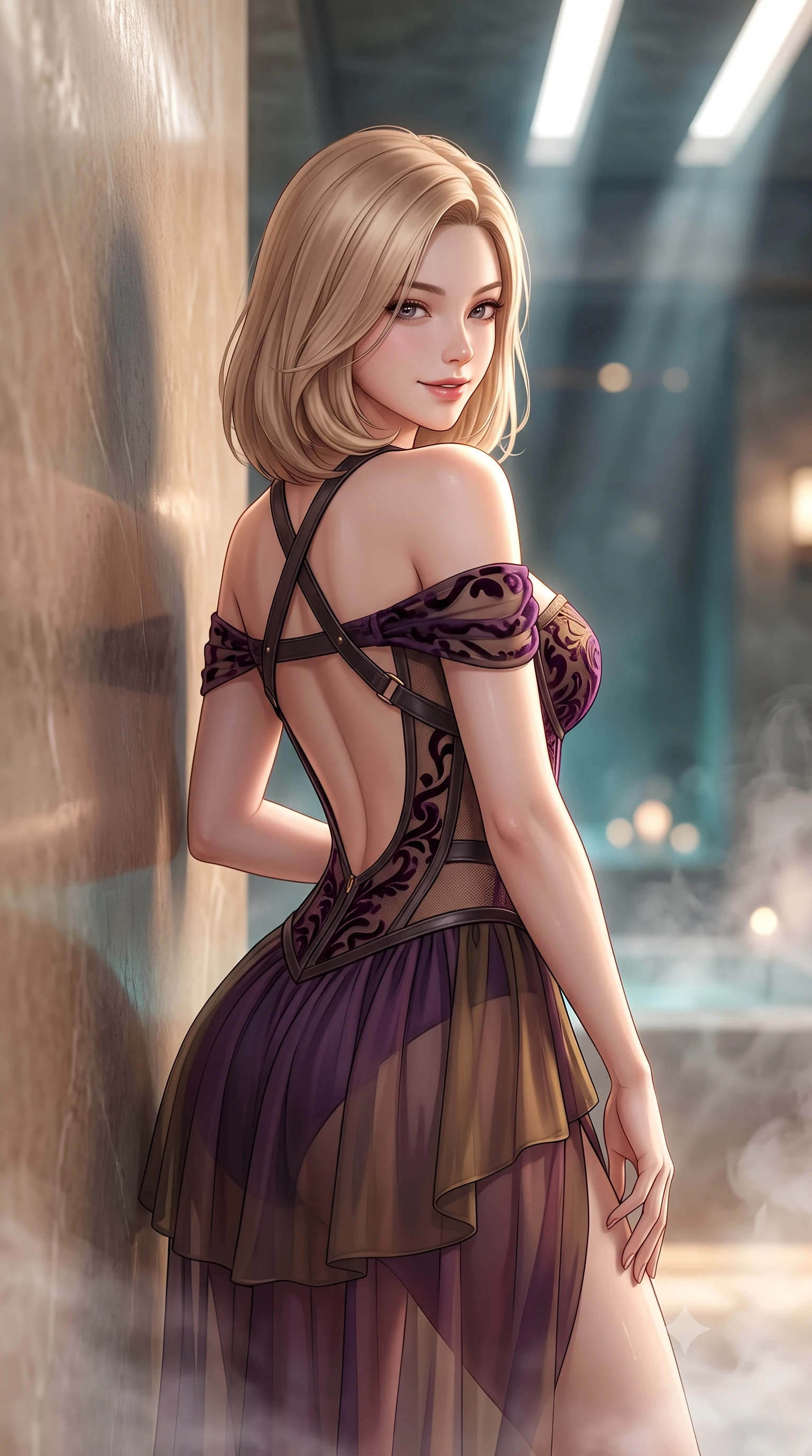score_9, masterpiece, best quality, ultra-detailed, high-budget anime keyframe, semi-realistic 3D game render, editorial fashion photography, tasteful artistic composition, Korean woman. close-up cowboy shot from the waist and thighs up, the character dominates the composition, filling the frame with her large presence. turning over a bare shoulder with an intoxicating, teasing smile, her soft hair framing her sharp jawline as her hips angle gracefully while leaning back against the smooth warm quartzite stone wall with hips cocked, casting a quiet, alluring bedroom-gaze through rising thermal steam. The composition keeps background elements in soft focus with creamy bokeh. narrow geometric ceiling light slits and rising thermal water vapors blurred into luminous teal, slate grey, and warm tungsten bokeh. She has an exceptionally elegant, slender, and willowy female figure with an ultra-slim waist, flat toned midriff, narrow ribcage, and sculpted feminine hips creating an alluring, slim hourglass silhouette without bulk. sharp v-shaped jawline, high-bridge nose, intricate jewel-like eyes with depth, thick eyelashes, glossy parted lips with a natural sheen, intensely captivating and seductive bedroom-eyes expression, flawlessly proportioned anatomical accuracy, strict slender model proportions, natural body alignment, perfectly sculpted long slender limbs, ultra-slim waistline, clean dynamic posture without body distortion. wearing an off-shoulder French court corset bodice dress paired with a tiered translucent chiffon slit skirt in deep plum violet and antique bronze, made of sheer contouring power-mesh with velvet flocking patterns, featuring an open-back criss-cross harness strap in dark leather, the dramatically scooped open back descending to the base of her spine, accentuating her razor-sharp statuesque lines and slim hourglass silhouette. bathed in dramatic narrow directional light beams cutting through ceiling fissures into the steaming stone chamber. highly saturated vibrant anime colors, detailed shading with soft gradients, rich glossy textures, high-contrast stereoscopic depth, volumetric dynamic lighting, master piece, 9:16 ratio