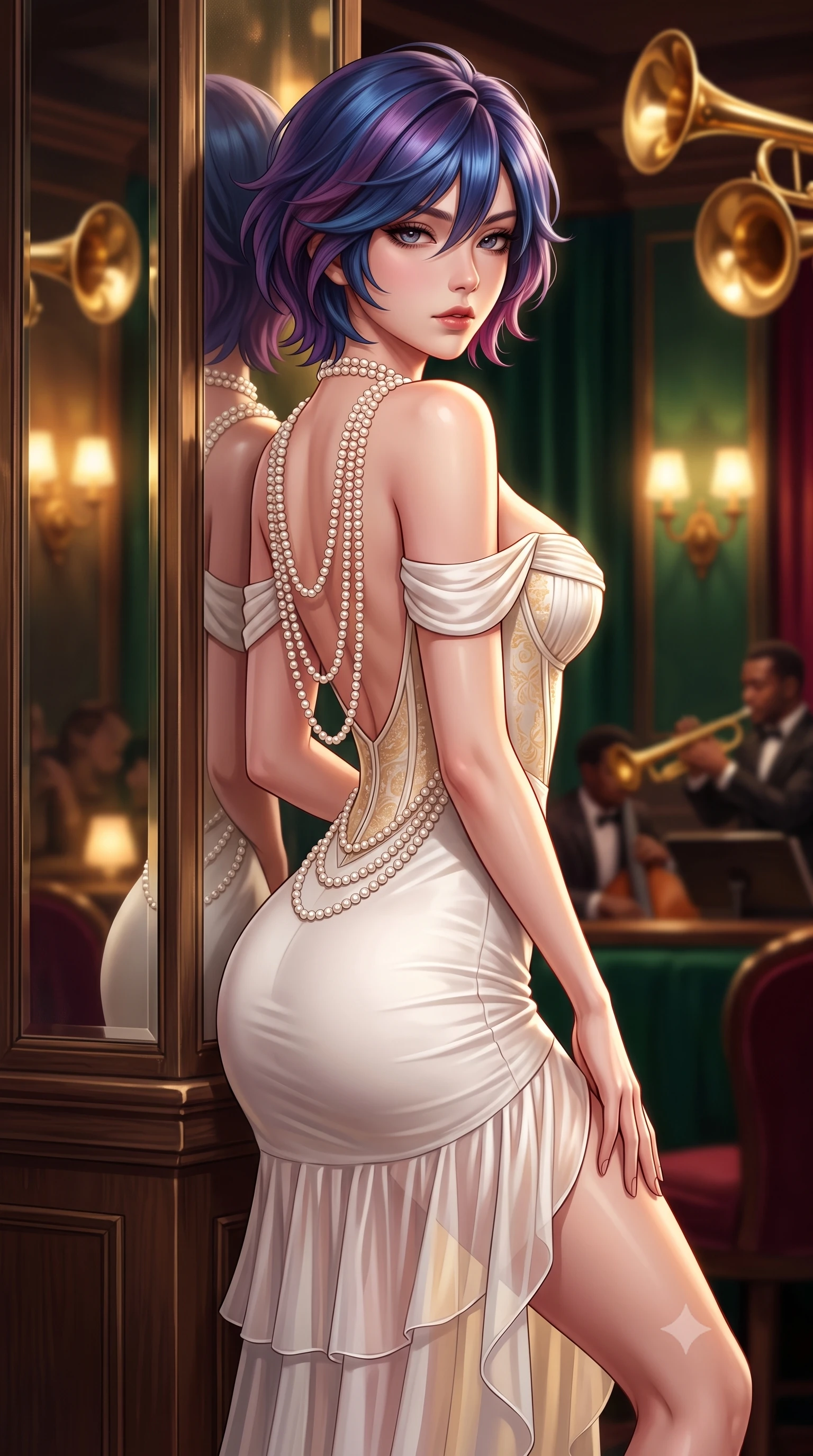 score_9, masterpiece, best quality, ultra-detailed, high-budget anime keyframe, semi-realistic 3D game render, editorial fashion photography, tasteful artistic composition, Korean woman. close-up cowboy shot from the waist and thighs up, the character dominates the composition, filling the frame with her large presence. leaning back with relaxed seductive grace, her sculpted collarbones and narrow waist highlighted as she casts smoldering bedroom-eyes directly into the camera while leaning back against an antique mirrored column with hips cocked, casting a smoky, seductive bedroom-gaze past the jazz quartet. The composition keeps background elements in soft focus with creamy bokeh. golden jazz trumpet bells and glowing wall sconces blurred into warm whiskey-gold, deep emerald, and burgundy bokeh. She has an exceptionally elegant, slender, and willowy female figure with an ultra-slim waist, flat toned midriff, narrow ribcage, and sculpted feminine hips creating an alluring, slim hourglass silhouette without bulk. sharp v-shaped jawline, high-bridge nose, intricate jewel-like eyes with depth, thick eyelashes, glossy parted lips with a natural sheen, intensely captivating and seductive bedroom-eyes expression, flawlessly proportioned anatomical accuracy, strict slender model proportions, natural body alignment, perfectly sculpted long slender limbs, ultra-slim waistline, clean dynamic posture without body distortion. wearing an off-shoulder French court corset bodice dress paired with a tiered translucent chiffon slit skirt in pure alabaster white and sun-kissed gold, tailored from liquid silk jersey adhering flawlessly to her slender build, accented with a multi-strand pearl back necklace cascading down her bare spine to her hips, the glove-like aerodynamic silhouette tightly following the natural contour of her hips and long slender legs with statuesque 8.5-heads elegance. surrounded by a sultry, scandalous, and irresistibly intoxicating jazz-age siren aura. highly saturated vibrant anime colors, detailed shading with soft gradients, rich glossy textures, high-contrast stereoscopic depth, volumetric dynamic lighting, master piece, 9:16 ratio