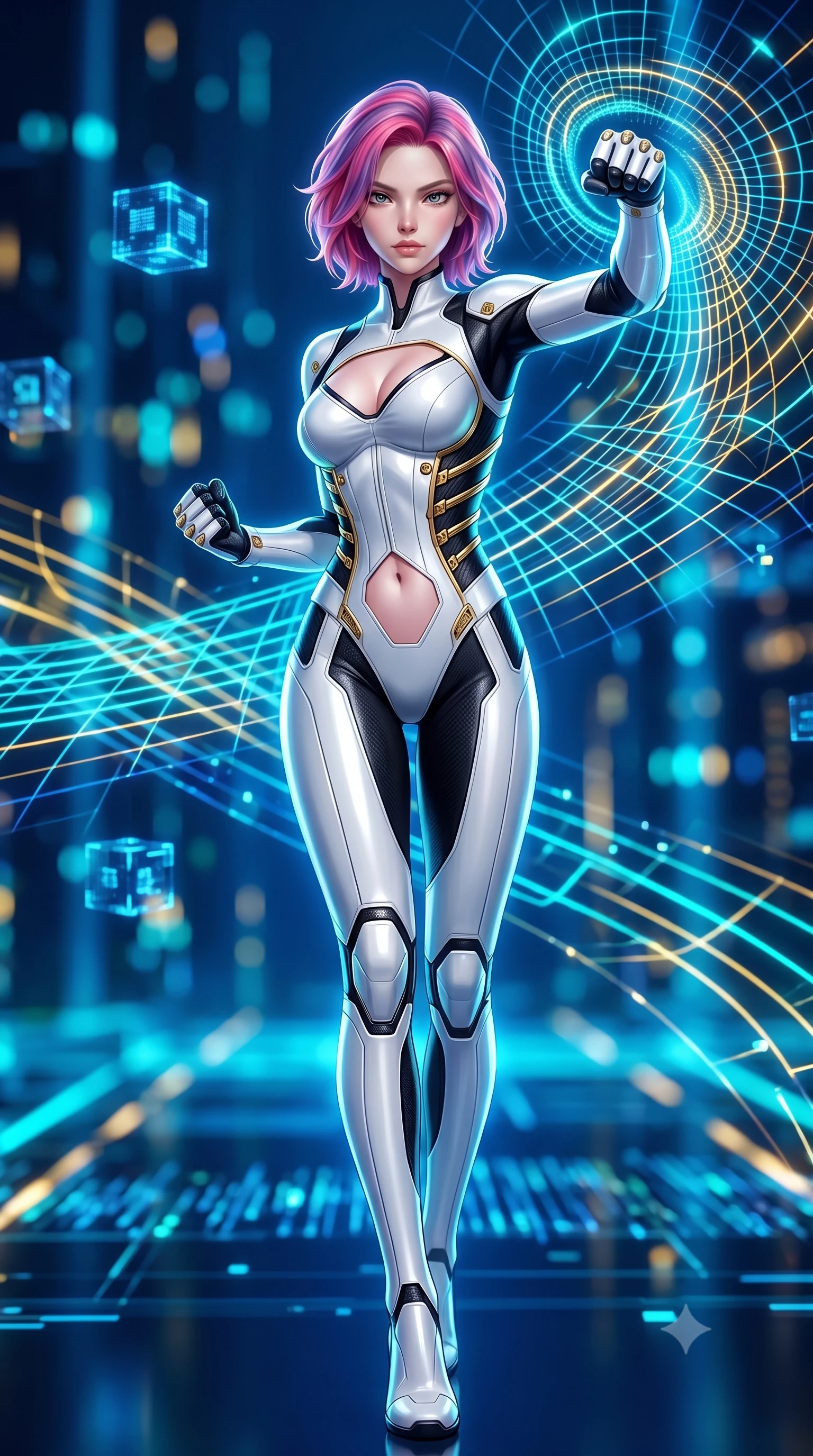 score_9, masterpiece, best quality, ultra-detailed, high-budget anime keyframe, semi-realistic 3D game render, editorial fashion photography, tasteful artistic composition, Caucasian woman. low angle full-body shot from head to toe showing her feet, filling the entire 9:16 vertical frame with her statuesque presence, stretching her vertical silhouette. striding forward with sovereign warrior elegance in a low, predatory combat advance, hips swaying with fierce athletic poise from head to toe while pivoting dynamically as she delivers a precision fist strike into the air, causing quantum grid lines to ripple outward. The composition keeps background elements in soft focus with creamy bokeh. pulsing quantum grid lines and floating data cubes blurred into rich electric cyan, gold, and sapphire bokeh. She has an absolutely perfect, statuesque 8.5-heads proportion, an exceptionally tall and slender model-like female figure with impossibly long slender legs, a toned flat midriff, and an ultra-slim waist. sharp v-shaped jawline, high-bridge nose, intricate jewel-like eyes with depth, thick eyelashes, glossy lips with a natural sheen, flawlessly proportioned anatomical accuracy, strict slender model proportions, natural body alignment, perfectly sculpted long slender limbs, ultra-slim waistline, clean dynamic posture without body distortion. wearing a precision-tailored high-fashion carbon-fiber corset bodysuit with gold mechanical rib boning and kinetic shock-dampening palms in monochrome white enamel carbon with high-contrast black panels, crafted from ultra-strong woven carbon-fiber composite with a satin luster, finished with high-mobility flexible limb seams and miniature magnetic armor locks, the precision-cut daring openings accentuating her delicate midriff, graceful bare collarbones, and ultra-slim feminine waistline. bathed in glowing electric sapphire and cyan data stream illumination with rich ambient blue fill. rich saturated anime colors with glowing neon highlights, detailed shading with soft gradients, rich glossy textures, high-contrast stereoscopic depth, volumetric dynamic lighting, master piece, 9:16 ratio