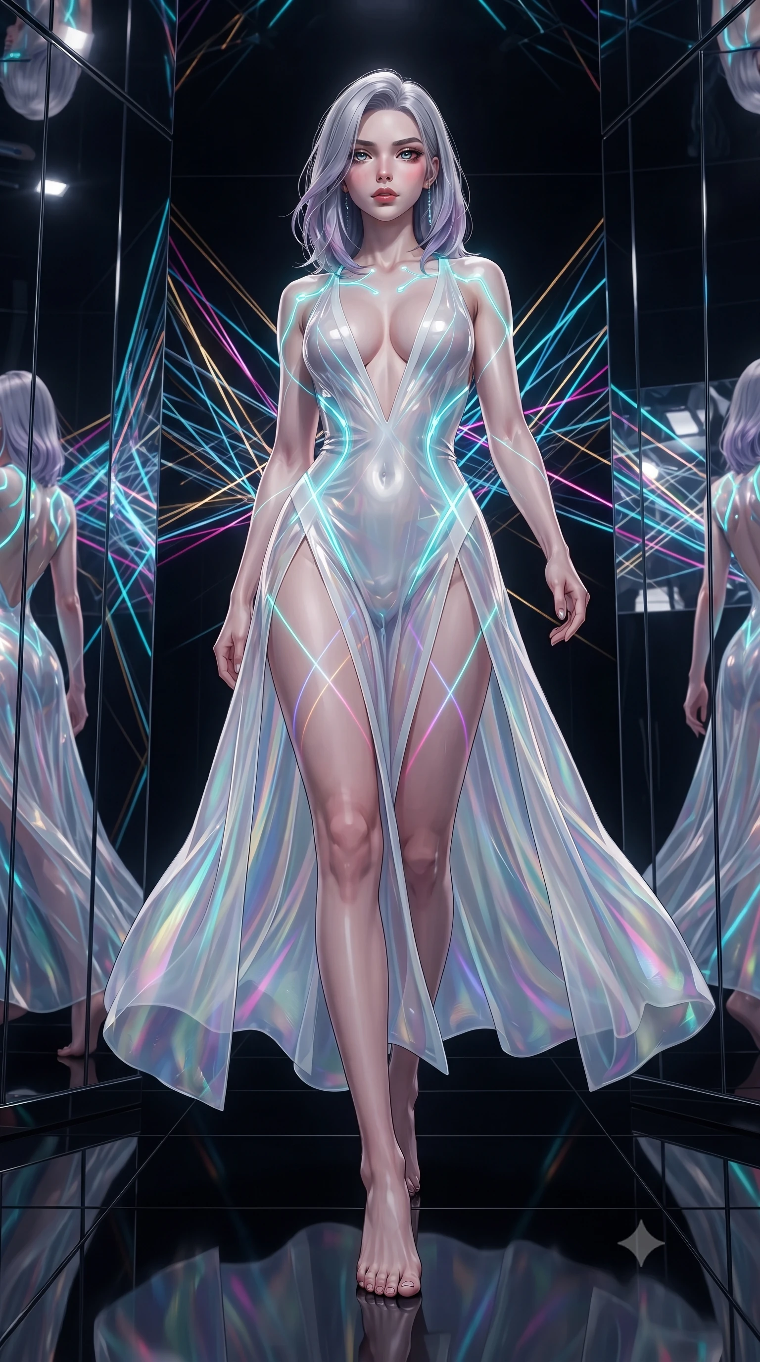 score_9, masterpiece, best quality, ultra-detailed, high-budget anime keyframe, editorial fashion photography, tasteful artistic composition, Caucasian woman. low angle full-body shot from head to toe showing her feet, filling the entire 9:16 vertical frame with her statuesque presence, stretching her vertical silhouette. striding forward in a proud, statuesque motion with a dangerous smolder, her vertical silhouette dominating the frame from head to toe while twisting her upper body in an alluring pose as prismatically refracted neon light beams criss-cross her silhouette. The surrounding environment is rendered in vivid detail and crisp panoramic clarity. razor-sharp chrome mirror edges, detailed laser light beam filaments, and polished black glass in deep focus. She has an absolutely perfect, statuesque 8.5-heads proportion, an exceptionally tall and slender model-like female figure with impossibly long slender legs and an ultra-slim waist. sharp v-shaped jawline, high-bridge nose, intricate jewel-like eyes with depth, thick eyelashes, glossy lips with a natural sheen, flawlessly proportioned anatomical accuracy, natural body alignment, perfectly sculpted elegant limbs, clean dynamic posture without body distortion. wearing a translucent iridescent chiffon gown with a plunging neckline, high dual thigh slits, and an open back in pure snow white latex and glowing cyan circuit seams, crafted from ultra-reflective second-skin latex with a glass-like polish, accented with glowing fiber-optic seams tracing her collarbones and hip curves, the liquid-tight fabric adhering flawlessly to her sculpted torso and slender silhouette. surrounded by a hyper-luxurious, futuristic, and fiercely glamorous fashion editorial aura. ultra-reflective glossy finish, specular highlights, metallic sheen, high-contrast stereoscopic depth, volumetric dynamic lighting, 2k, ultra detail, master piece, 9:16 ratio