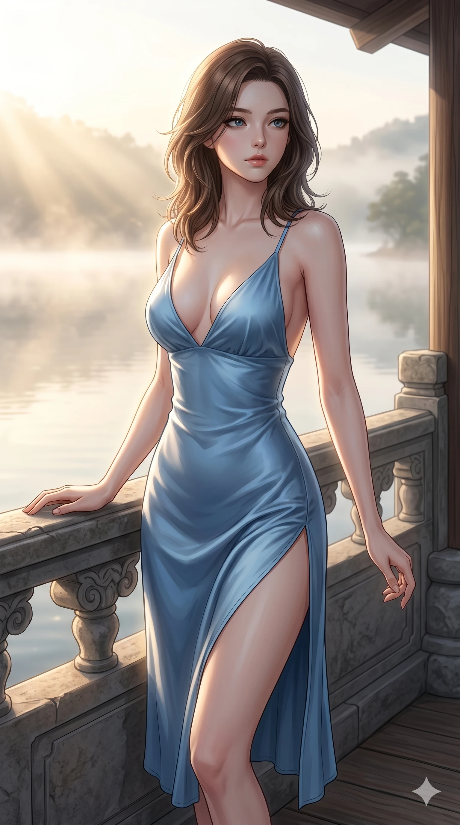 score_9, masterpiece, best quality, ultra-detailed, high-budget anime keyframe, editorial fashion photography, tasteful artistic composition, Korean woman. cowboy shot from the thighs up, character and outfit filling the frame for maximum editorial presence. resting her hands on the stone railing, looking past the camera with wistful, serene self-assurance on a private viewing balcony overlooking a misty lakeside at dawn (Code-P16-008). She has an absolutely perfect 8-heads proportion, an exceptionally tall and slender female figure with impossibly long slender legs and an ultra-slim waist. V-shaped jawline, high-bridge nose, intricate jewel-like eyes with depth, thick eyelashes, glossy lips with a natural sheen. wearing a lightweight blue silk slip dress with an ultra-deep plunging neckline and a high side slit to mid-thigh. bathed in soft morning sunbeams filtered through the lake mist, creating a soft glowing aura. 2k, ultra detail, master piece, 9:16 ratio