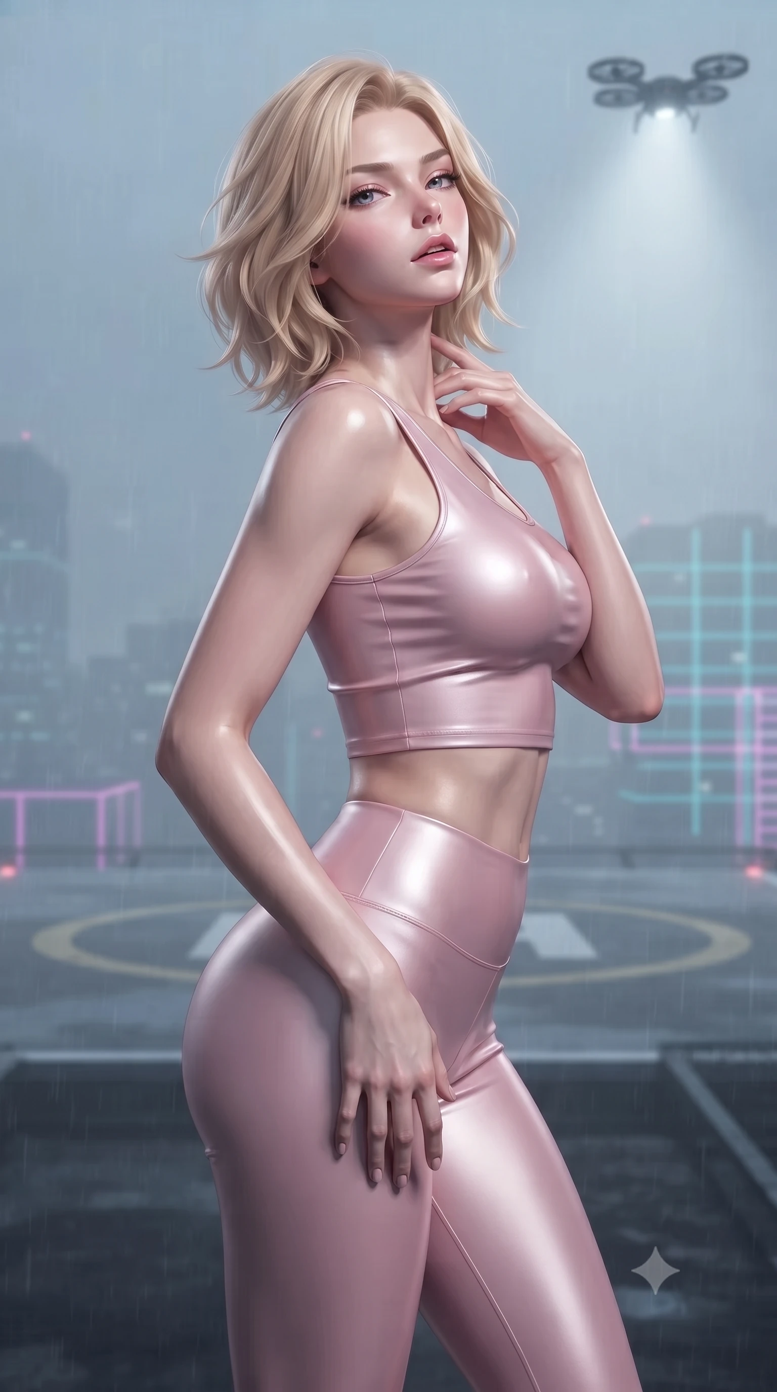 score_9, masterpiece, best quality, ultra-detailed, high-budget anime keyframe, editorial fashion photography, tasteful artistic composition, Caucasian woman. close-up cowboy shot from the waist and thighs up, the character dominates the composition, filling the frame with her large presence, background elements kept in soft focus. tilting her chin up slightly with lips parted in a composed, provocative expression the background shows a soft-focus a misty rooftop helipad overlooking a neon-grid skyline during a midnight drizzle. She has an exceptionally elegant, slender, and willowy female figure with an ultra-slim waist, a gracefully sculpted slender torso, and a refined silhouette. sharp v-shaped jawline, high-bridge nose, intricate jewel-like eyes with depth, thick eyelashes, glossy lips with a natural sheen. wearing a form-contouring body-hugging light pink crop tank top paired with high-waisted tight-fitting leggings. volumetric spotlight from a hovering search drone casting dramatic shadows. ultra-reflective glossy finish, specular highlights, metallic sheen, high-contrast stereoscopic depth, volumetric dynamic lighting, 2k, ultra detail, master piece, 9:16 ratio