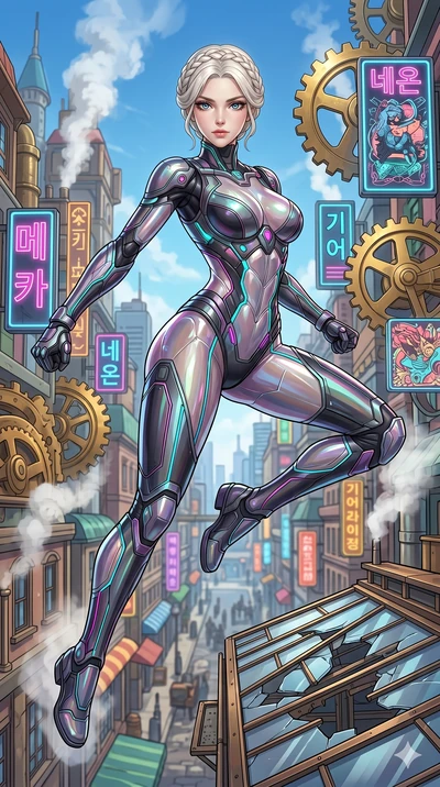 score_9, masterpiece, best quality, ultra-detailed, Set C: High-budget Anime Keyframe, Korean woman. Low angle cowboy shot filling the entire 9:16 frame with her statuesque presence. Leaping across the rooftops of a steampunk city. She has an absolut