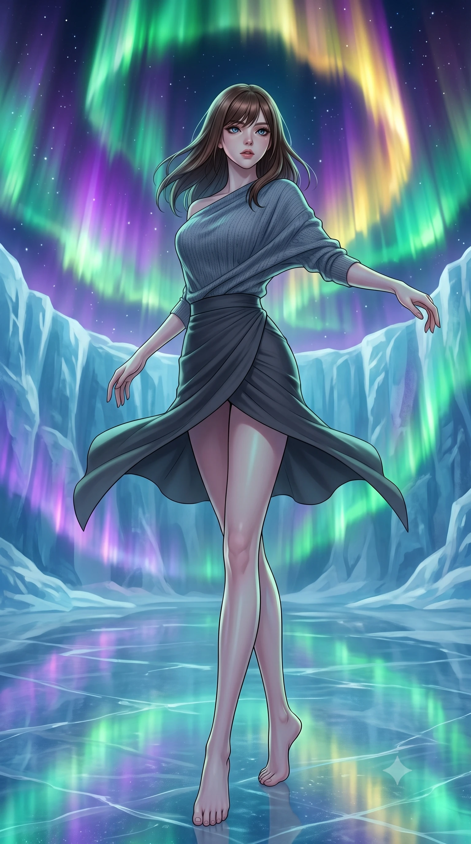score_9, masterpiece, best quality, ultra-detailed, high-budget anime keyframe, editorial fashion photography, tasteful artistic composition, Korean woman. low angle full-body shot from head to toe showing her feet, filling the entire 9:16 vertical frame with her statuesque presence, stretching her vertical silhouette. twirling with balletic elegance inside a natural ice amphitheater on a frozen planet where magnificent plasma auroras form a living curtain of green violet and gold serving as an ever-shifting cosmic stage backdrop. She has a statuesque 8.5-heads proportion, an exceptionally tall, slender and willowy model-like build with impossibly long legs and a highly sculpted ultra-slim waist. sharp v-shaped jawline, high-bridge nose, intricate jewel-like eyes with depth, thick eyelashes, glossy lips with a natural sheen. wearing an asymmetric draped knit top in slate grey, paired with a matching high-waisted charcoal wrap skirt wrapping her hips. the aurora overhead casts shifting curtains of emerald green electric violet and solar gold light that sweep across the ice surfaces creating dynamic color-changing illumination. 2k, ultra detail, master piece, 9:16 ratio
