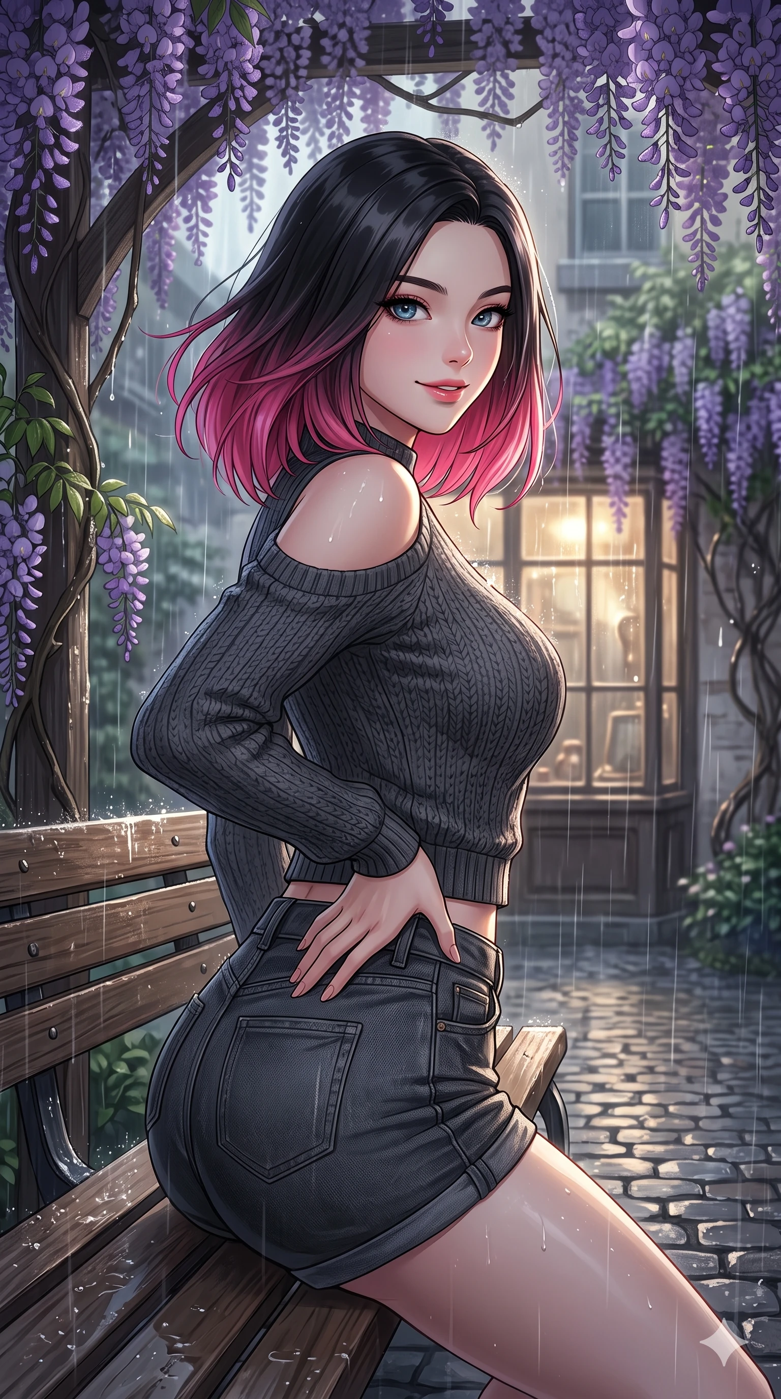 score_9, masterpiece, best quality, ultra-detailed, high-budget anime keyframe, vibrant anime aesthetic, Korean woman. close-up cowboy shot from the waist and thighs up, the character dominates the composition, filling the frame with her large presence, background elements kept in soft focus. She is posing with a confident, magnetic smile, one hand on her waist, looking over her shoulder at the camera with a soft breath of wind in her hair. on a wooden bench under a wisteria trellis in a quiet courtyard garden during a gentle afternoon rain (Code-P22-065). She has an absolutely perfect proportion, an exceptionally elegant and slender female figure with an ultra-slim waist. V-shaped jawline, high-bridge nose, intricate jewel-like eyes with depth, thick eyelashes, glossy lips with a natural sheen. wearing a cold-shoulder knit top with a cropped waistline and denim shorts in classic charcoal. She is illuminated by dramatic rim lights from a vintage shop window, adding depth to her jewel-like eyes along the cobblestone alley. 2k, ultra detail, master piece, 9:16 ratio