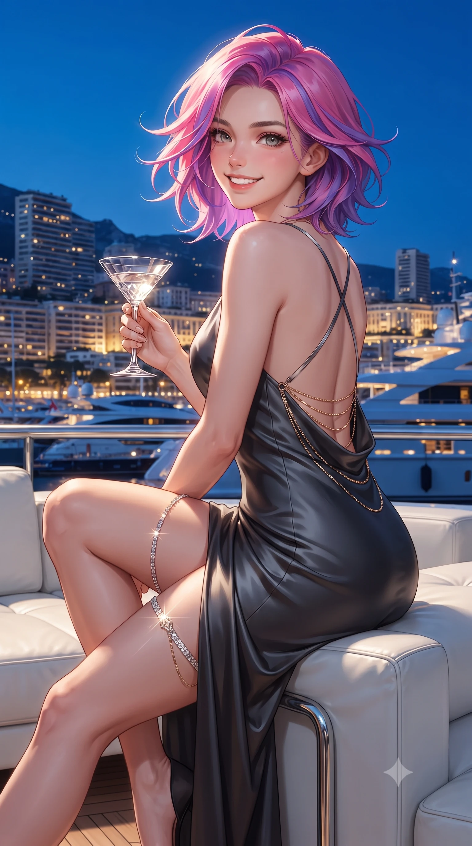 score_9, masterpiece, best quality, ultra-detailed, high-budget anime keyframe, editorial fashion photography, tasteful artistic composition, Caucasian woman. close-up cowboy shot from the waist and thighs up, the character dominates the composition, filling the frame with her large presence. perched sideways on the lounge seat, one knee drawn up to showcase her slender leg line while her arched back accentuates her feminine hip curve while lounging in a modern white leather designer chair with legs crossed, holding a crystal martini glass with sovereign nocturnal charisma. The surrounding environment is rendered in vivid detail and crisp panoramic clarity: detailed backless silk halter dress drape, crystal thigh garter shine, and modern Monaco architecture in razor-sharp precision. She has an exceptionally elegant, slender, and willowy female figure with an ultra-slim waist, flat toned midriff, narrow ribcage, and sculpted feminine hips creating an alluring, slim hourglass silhouette without bulk. sharp v-shaped jawline, high-bridge nose, intricate jewel-like sparkling eyes with depth, thick eyelashes, glossy parted lips with a natural peach sheen, bright cheerful beaming smile with an enchanting and coquettish sensual glint, exuding both youthful cute charm and seductive allure, flawlessly proportioned anatomical accuracy, strict slender model proportions, natural body alignment, perfectly sculpted long slender limbs, ultra-slim waistline, clean dynamic posture without body distortion. wearing a backless silk crepe slip dress with a swooping low cowl back reaching her waistline and delicate criss-cross straps in smoky charcoal noir and reflective metallic platinum, tailored from crisp duchess satin with architectural structure and high-gloss luster, accented with an open-back drape framed by falling strands of delicate gold chains, the liquid-tight tailored fabric clinging flawlessly to her narrow waist and rounded feminine hips, emphasizing every millimeter of her sculpted slim hourglass curves without any bulky heaviness. bathed in the dynamic blue-hour sky ambient contrasted with golden harbor lights and yacht deck illumination. ultra-reflective glossy finish, specular highlights, rich textural contrasts, high-contrast stereoscopic depth, volumetric dynamic lighting, 2k, ultra detail, master piece, 9:16 ratio