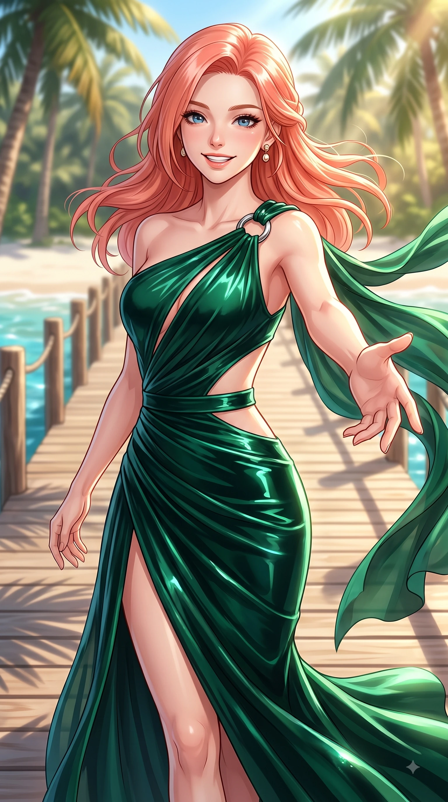 score_9, masterpiece, best quality, ultra-detailed, high-budget anime keyframe, editorial fashion photography, tasteful artistic composition, Japanese woman. close-up cowboy shot from the waist and thighs up, the character dominates the composition, filling the frame with her large presence, background elements kept in soft focus. Gazing directly into the camera with a joyful, infectious smile as her torso curves dynamically in mid-stride while reaching one arm out cheerfully toward the camera while walking along a palm-shaded pier, warm tropical sea breeze fluttering lightweight linen garments in fluid joyful motions. She has an exceptionally elegant, slender, and willowy female figure with an ultra-slim waist, a gracefully sculpted slender torso, and a refined silhouette. sharp v-shaped jawline, high-bridge nose, intricate jewel-like eyes with depth, thick eyelashes, glossy lips with a natural sheen, flawlessly proportioned anatomical accuracy, natural body alignment, perfectly sculpted elegant limbs, clean dynamic posture without body distortion. wearing an asymmetrical Grecian draped chiffon gown with a metallic shoulder ring in deep emerald green and silver accent, made of premium stretch velvet with a rich sheen, featuring clean architectural cutouts along her slender torso, the tailored fabric tightly following every curve of her athletic build. bathed in brilliant tropical sunshine and glittering ocean water refractions. ultra-reflective glossy finish, specular highlights, metallic sheen, high-contrast stereoscopic depth, volumetric dynamic lighting, 2k, ultra detail, master piece, 9:16 ratio