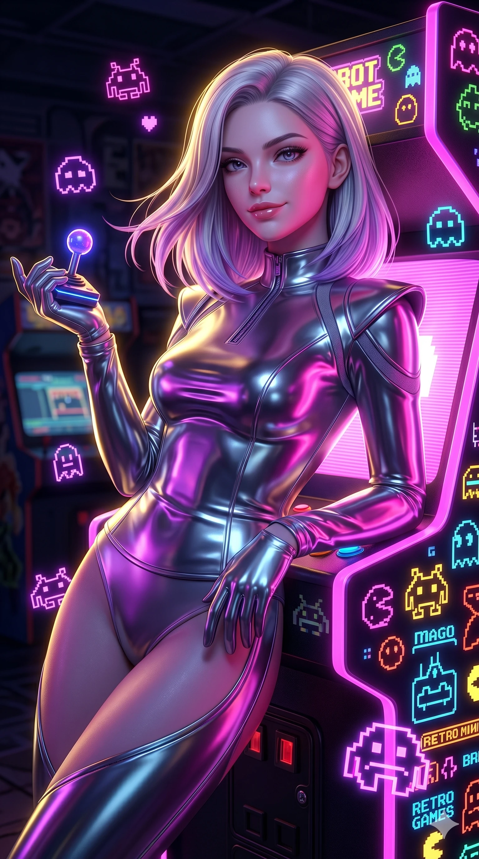 score_9, masterpiece, best quality, ultra-detailed, high-budget anime keyframe, semi-realistic 3D game render, Caucasian woman, strictly human ears. Upper body close-up from the thighs up, character filling the screen for maximum presence. She is leaning back against a glowing retro arcade cabinet, surrounded by floating pixelated neon icons. She holds a glowing joystick with a teasing, commanding smile. She has an absolutely perfect 8-heads proportion, a tall and elegant figure with a refined silhouette and a defined waistline. V-shaped jawline, high-bridge nose, intricate jewel-like eyes with depth, thick eyelashes, glossy lips with a natural sheen. She is wearing a sleek tailored top in liquid-chrome finish that complements her silhouette, styled with sophisticated architectural shoulder accents and a modern zip collar. The scene is illuminated by bright pink and violet neon screen glare and a sharp yellow ambient rim light. 2k, ultra detail, master piece, 9:16 ratio