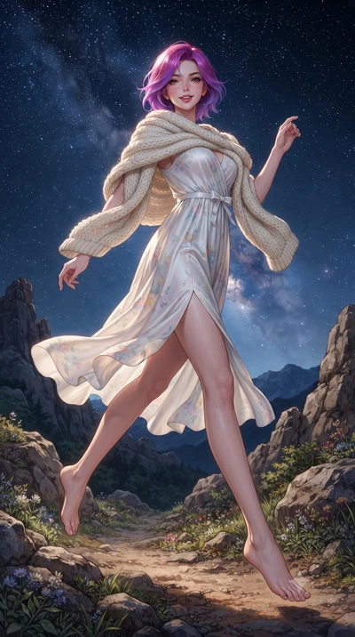 score_9, masterpiece, best quality, ultra-detailed, high-budget anime keyframe, editorial fashion photography, tasteful artistic composition, Caucasian woman. low angle full-body shot from head to toe showing her feet, filling the entire 9:16 vertica