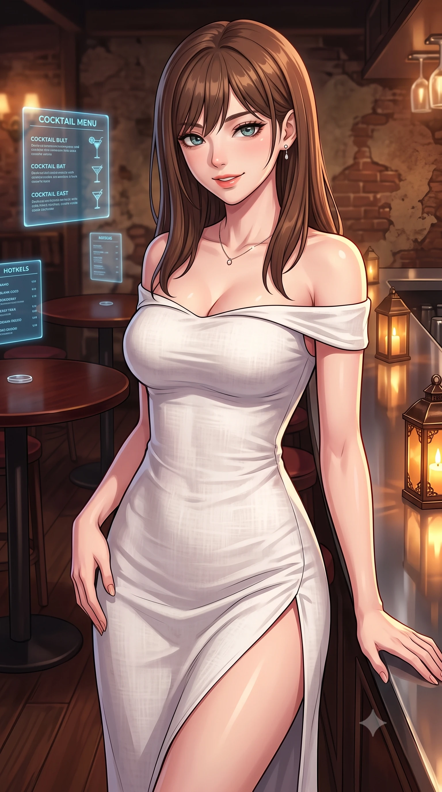 score_9, masterpiece, best quality, ultra-detailed, high-budget anime keyframe, tasteful artistic composition, Korean woman. close-up cowboy shot from the waist and thighs up, the character dominates the composition, filling the frame with her large presence, background elements kept in soft focus. leaning slightly forward with a playful, teasing smile, her gaze locked onto the viewer the background shows a soft-focus a hidden speakeasy bar with holographic cocktail menus and dark mahogany tables. She has an exceptionally elegant, slender, and willowy female figure with an ultra-slim waist, a gracefully sculpted slender torso, and a refined silhouette. sharp v-shaped jawline, high-bridge nose, intricate jewel-like eyes with depth, thick eyelashes, glossy lips with a natural sheen. wearing a body-hugging off-shoulder white linen summer dress featuring a high side slit ascending to mid-thigh. warm amber candlelight reflecting off the chrome bar surfaces. highly saturated vibrant anime colors, cel-shading, 2d style, master piece, 9:16 ratio