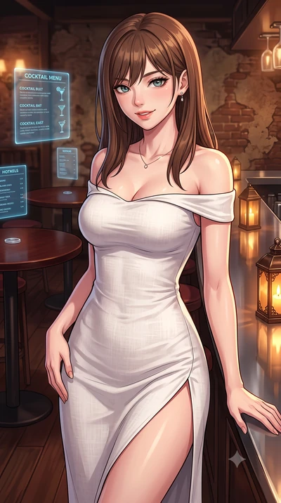 score_9, masterpiece, best quality, ultra-detailed, high-budget anime keyframe, tasteful artistic composition, Korean woman. close-up cowboy shot from the waist and thighs up, the character dominates the composition, filling the frame with her large 