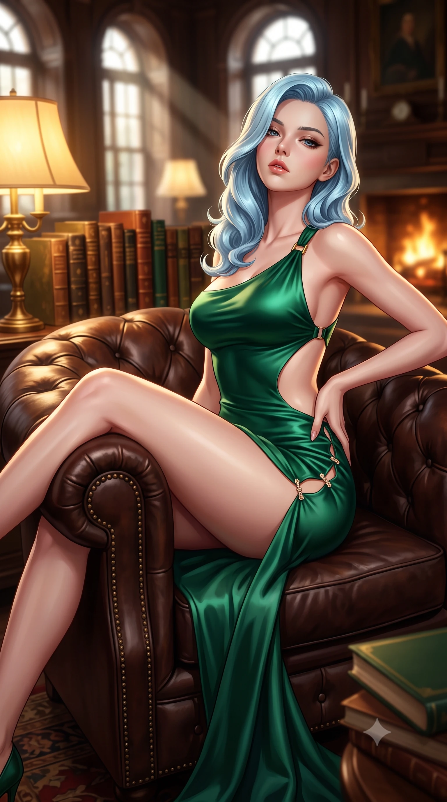 score_9, masterpiece, best quality, ultra-detailed, high-budget anime keyframe, semi-realistic 3D game render, editorial fashion photography, tasteful artistic composition, Korean woman. close-up cowboy shot from the waist and thighs up, the character dominates the composition, filling the frame with her large presence. tilting her chin up with proud, sovereign allure while gazing through thick eyelashes, one hand resting on her waist in pure supermodel charisma while reclining languidly in an oversized tufted leather reading armchair before a roaring hearth, long legs draped gracefully over the armrest. The composition keeps background elements in soft focus with creamy bokeh. thousands of leather-bound antique book spines and brass library lamps blurred into deep whiskey-gold, mahogany, and emerald bokeh. She has an exceptionally elegant, slender, and willowy female figure with an ultra-slim waist, flat toned midriff, narrow ribcage, and sculpted feminine hips creating an alluring, slim hourglass silhouette without bulk. sharp v-shaped jawline, high-bridge nose, intricate jewel-like eyes with depth, thick eyelashes, glossy parted lips with a natural sheen, intensely captivating and seductive bedroom-eyes expression, flawlessly proportioned anatomical accuracy, strict slender model proportions, natural body alignment, perfectly sculpted long slender limbs, ultra-slim waistline, clean dynamic posture without body distortion. wearing a sculptured liquid-satin mermaid gown with an architectural open-waist cutout and bare spine in deep emerald green satin and gold hardware, tailored from ultra-smooth duchess satin with a pearlescent sheen, finished with an ultra-high side slit secured by miniature jeweled clasps, the second-skin form-contouring cut accentuating her sculpted flat midriff, narrow delicate ribcage, and gracefully curvy hips with supermodel precision. bathed in warm incandescent reading lamp glow and dramatic shafts of daylight from arched windows. highly saturated vibrant anime colors, detailed shading with soft gradients, rich glossy textures, high-contrast stereoscopic depth, volumetric dynamic lighting, master piece, 9:16 ratio