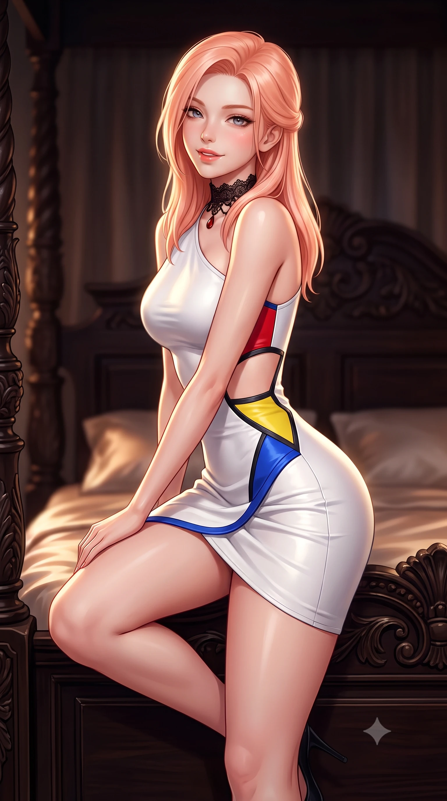score_9, masterpiece, best quality, ultra-detailed, high-budget anime keyframe, semi-realistic 3D game render, editorial fashion photography, tasteful artistic composition, Japanese woman. close-up cowboy shot from the waist and thighs up, the character dominates the composition, filling the frame with her large presence. perched sideways on the lounge seat, one knee drawn up to showcase her slender leg line while her arched back accentuates her feminine hip curve while sitting perched on the edge of the antique carved four-poster bed with hips cocked back, looking over her shoulder with an intoxicating smile. The background shows a soft-focus carved four-poster bed posts softened in dark romantic shallow focus. She has an exceptionally elegant, slender, and willowy female figure with an ultra-slim waist, flat toned midriff, narrow ribcage, and sculpted feminine hips creating an alluring, slim hourglass silhouette without bulk. sharp v-shaped jawline, high-bridge nose, sparkling eyes with hypnotic seductive depth, thick curled eyelashes, glossy parted lips with a natural dewy peach sheen, alluring bedroom-eyes with an enchanting coquettish smile, exuding magnetic siren charisma and sophisticated glamour, flawlessly proportioned anatomical accuracy, strict slender model proportions, natural body alignment, perfectly sculpted long slender limbs, ultra-slim waistline, clean dynamic posture without body distortion. wearing an asymmetric one-shoulder white neoprene mini dress with sharp laser-cut side openings framing her spine and hips in Mondrian primary red, canary yellow, and electric cobalt blue, woven from buttery-soft stretch lambskin leather adhering to her body like a second skin, accented with an ornate black lace Victorian choker featuring a single blood-red teardrop garnet, the high-slit wrap tailoring accentuating her ultra-slim waistline and the enchanting curve of her feminine hips with alluring seductive charm. illuminated by silk bedding reflection fill and sharp platinum-gold rim lights defining her collarbones, narrow waist, and curvy hips. highly saturated vibrant anime colors, detailed shading with soft gradients, rich glossy textures, high-contrast stereoscopic depth, volumetric dynamic lighting, master piece, 9:16 ratio