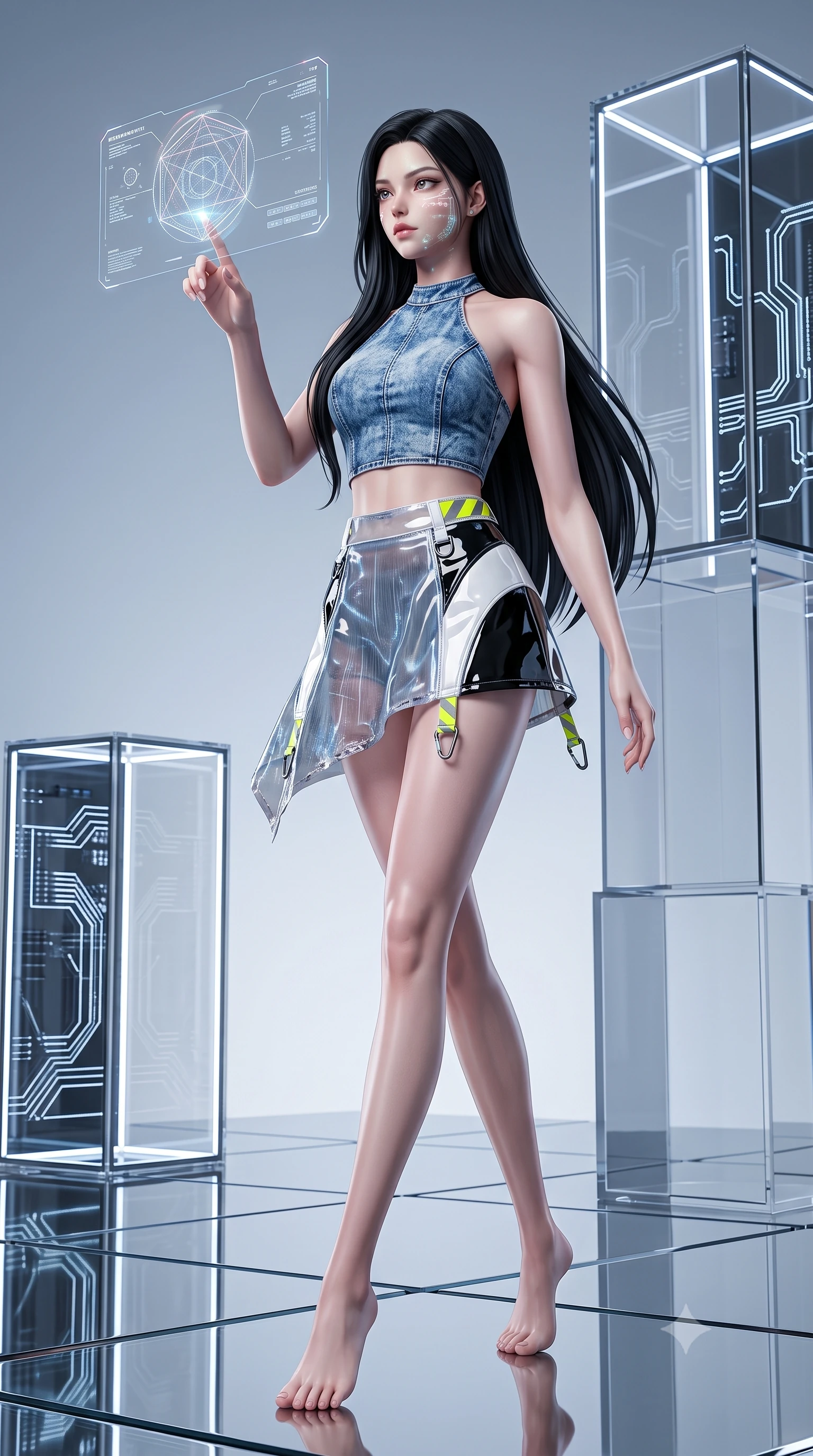 score_9, masterpiece, best quality, ultra-detailed, high-budget anime keyframe, semi-realistic 3D game render, editorial fashion photography, tasteful artistic composition, Korean woman. low angle full-body shot from head to toe showing her feet, filling the entire 9:16 vertical frame with her statuesque presence, stretching her vertical silhouette. pivoting dynamically with supreme athletic balance and poise, her impossibly long slender legs creating a breathtaking line while reaching out one manicured hand to interact with a floating holographic geometry display with an intrigued expression. The surrounding environment is rendered in vivid detail and crisp panoramic clarity. crisp acrylic cube edges, internal LED filament circuits, and mirror-floor seams in deep focus. She has an absolutely perfect, statuesque 8.5-heads proportion, an exceptionally tall and slender model-like female figure with impossibly long slender legs, a toned flat midriff, and an ultra-slim waist. sharp v-shaped jawline, high-bridge nose, intricate jewel-like eyes with depth, thick eyelashes, glossy lips with a natural sheen, captivating and magnetic expression, flawlessly proportioned anatomical accuracy, strict slender model proportions, natural body alignment, perfectly sculpted long slender limbs, ultra-slim waistline, clean dynamic posture without body distortion. wearing an acid-wash denim halter crop top paired with a distressed asymmetrical micro-mini skirt in high-contrast monochrome white and glossy black, made of semi-translucent cybernetic vinyl with glowing micro-filaments, finished with reflective safety hazard tape details and carabiner clips, the breezy yet form-flattering drape swaying gracefully with her steps, accentuating her long willowy limbs and slim waistline. illuminated by clean geometric specular highlights tracing her sculpted torso and legs. highly saturated vibrant anime colors, detailed shading with soft gradients, rich glossy textures, high-contrast stereoscopic depth, volumetric dynamic lighting, master piece, 9:16 ratio