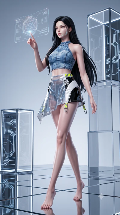 score_9, masterpiece, best quality, ultra-detailed, high-budget anime keyframe, semi-realistic 3D game render, editorial fashion photography, tasteful artistic composition, Korean woman. low angle full-body shot from head to toe showing her feet, fil