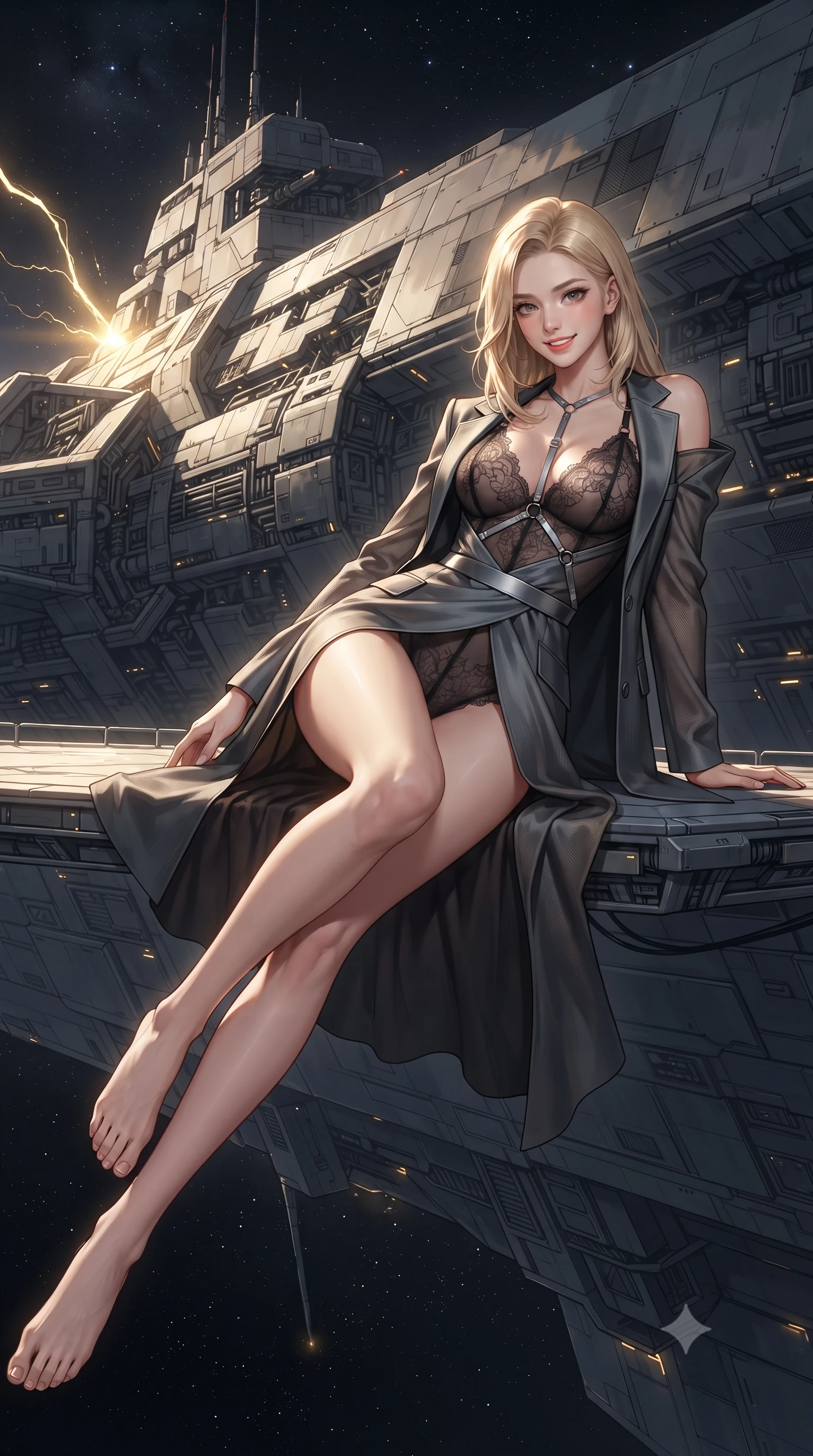 score_9, masterpiece, best quality, ultra-detailed, high-budget anime keyframe, editorial fashion photography, tasteful artistic composition, Korean woman. low angle full-body shot from head to toe showing her feet, filling the entire 9:16 vertical frame with her statuesque presence, stretching her vertical silhouette. executing a slow, graceful pivot turn as her skirt sways around her slender legs, glancing back with an enchanting, teasing sensual expression while lounging gracefully across the floating inspection platform propped on one elbow with legs extended, displaying her long slender limbs and statuesque hourglass silhouette against the colossal starship hull. The surrounding environment is rendered in vivid detail and crisp panoramic clarity: detailed haute-couture tactical jumpsuit texture, liquid fabric drape, and colossal starship construction engineering in razor-sharp precision. She has an exceptionally tall and slender model-like 8.5-heads proportion, an ultra-slim waist, a flat toned midriff, narrow delicate ribcage, and beautifully sculpted feminine hips creating a graceful, slim hourglass silhouette without any bulky heaviness, with impossibly long slender legs. sharp v-shaped jawline, high-bridge nose, intricate jewel-like sparkling eyes with depth, thick eyelashes, glossy parted lips with a natural peach sheen, bright cheerful beaming smile with an enchanting and coquettish sensual glint, exuding both youthful cute charm and seductive allure, flawlessly proportioned anatomical accuracy, strict slender model proportions, natural body alignment, perfectly sculpted long slender limbs, ultra-slim waistline, clean dynamic posture without body distortion. wearing a delicate sheer French Chantilly lace teddy layered under an open tailored tactical combat blazer draped over bare shoulders in liquid mercury chrome and stealth charcoal, woven from fine semi-opaque stretch illusion mesh tracing her slender contours, accented with a chrome-drop body harness subtly framing her dewy collarbones and spine, the high-slit wrap tailoring accentuating her ultra-slim waistline and the enchanting curve of her feminine hips with alluring seductive charm. bathed in high-contrast golden welding arcs contrasted with deep obsidian shadow gradients and starlight. ultra-reflective glossy finish, specular highlights, rich textural contrasts, high-contrast stereoscopic depth, volumetric dynamic lighting, 2k, ultra detail, master piece, 9:16 ratio