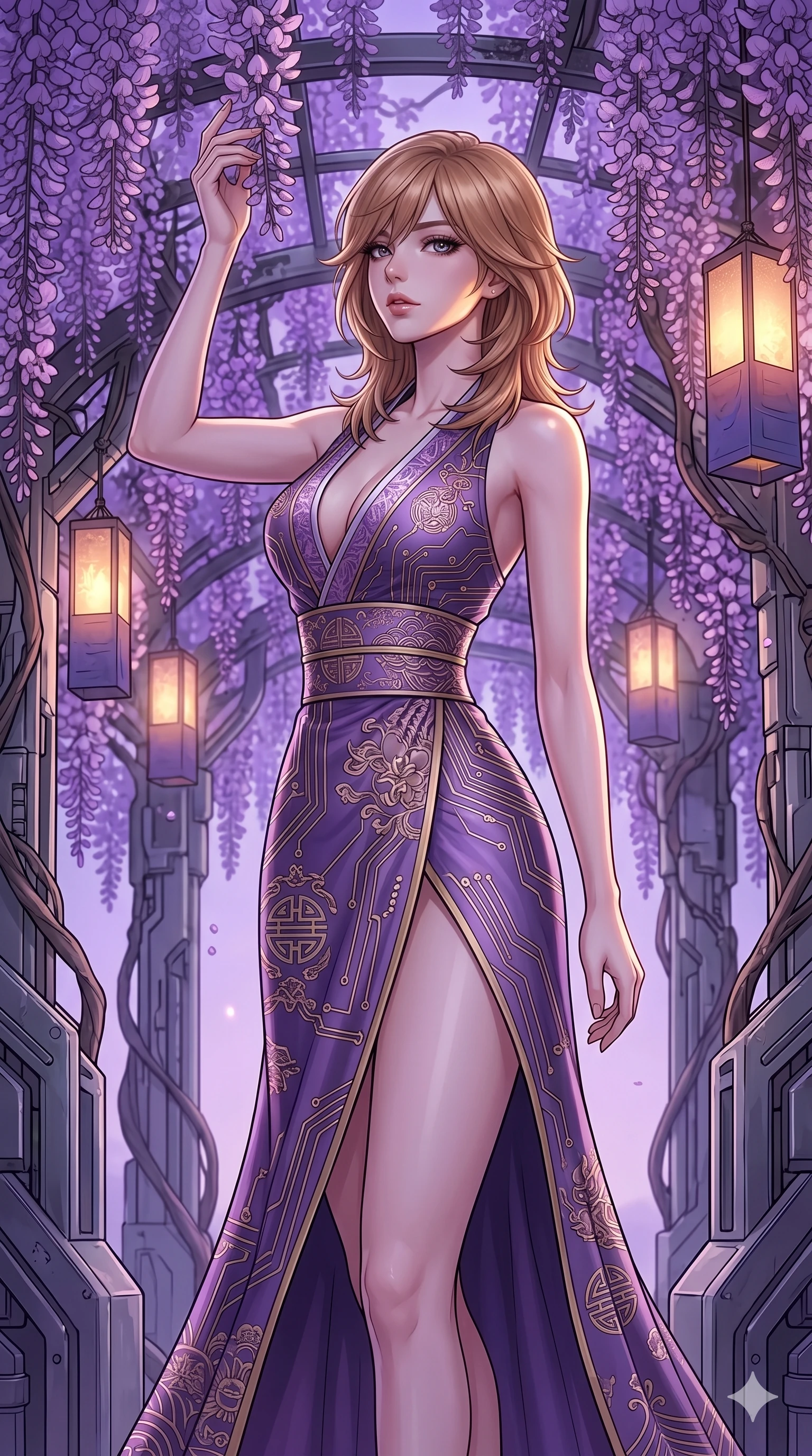 score_9, masterpiece, best quality, ultra-detailed, high-budget anime keyframe, editorial fashion photography, tasteful artistic composition, Korean woman. cowboy shot from the thighs up, character and outfit filling the frame for maximum editorial presence. reaching up to touch a wisteria blossom, looking over her shoulder with a magnetic, sultry gaze standing under a blooming wisteria trellis in a cyber-garden (Code-P16-020). She has an absolutely perfect 8-heads proportion, an exceptionally tall and slender female figure with impossibly long slender legs and an ultra-slim waist. V-shaped jawline, high-bridge nose, intricate jewel-like eyes with depth, thick eyelashes, glossy lips with a natural sheen. wearing a modern fusion silk hanbok dress with a plunging neck and high-slit wrap skirt. soft purple twilight glow mixed with warm lantern light, tracing her jawline and eyelashes. 2k, ultra detail, master piece, 9:16 ratio
