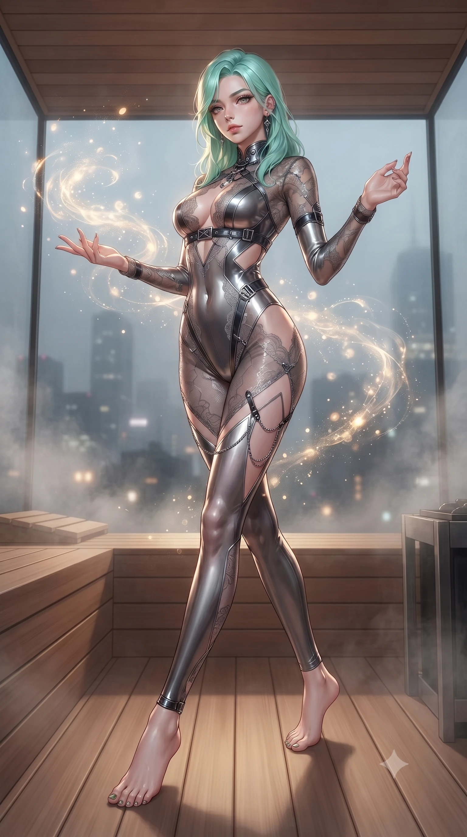 score_9, masterpiece, best quality, ultra-detailed, high-budget anime keyframe, editorial fashion photography, tasteful artistic composition, Japanese woman. low angle full-body shot from head to toe showing her feet, filling the entire 9:16 vertical frame with her statuesque presence, stretching her vertical silhouette. interacting with glowing light particles, her long slender legs poised in motion, inside a private minimalist glass sauna overlooking a misty 3 AM city skyline, soft swirling steam clouds creating painterly ethereal shadows around her form. She has an absolutely perfect, statuesque 8.5-heads proportion, an exceptionally tall and slender model-like female figure with impossibly long slender legs and an ultra-slim waist. sharp v-shaped jawline, high-bridge nose, intricate jewel-like eyes with depth, thick eyelashes, glossy lips with a natural sheen. wearing sheer midnight lace overlay bodysuit with delicate sheer cutouts in metallic dark silver, made of high-gloss liquid vinyl, framed by dark titanium buckles and silver chain details, following her slender form with tailored precision. illuminated by soft diffused key light filtering through delicate steam. ultra-reflective glossy finish, specular highlights, metallic sheen, high-contrast stereoscopic depth, volumetric dynamic lighting, 2k, ultra detail, master piece, 9:16 ratio