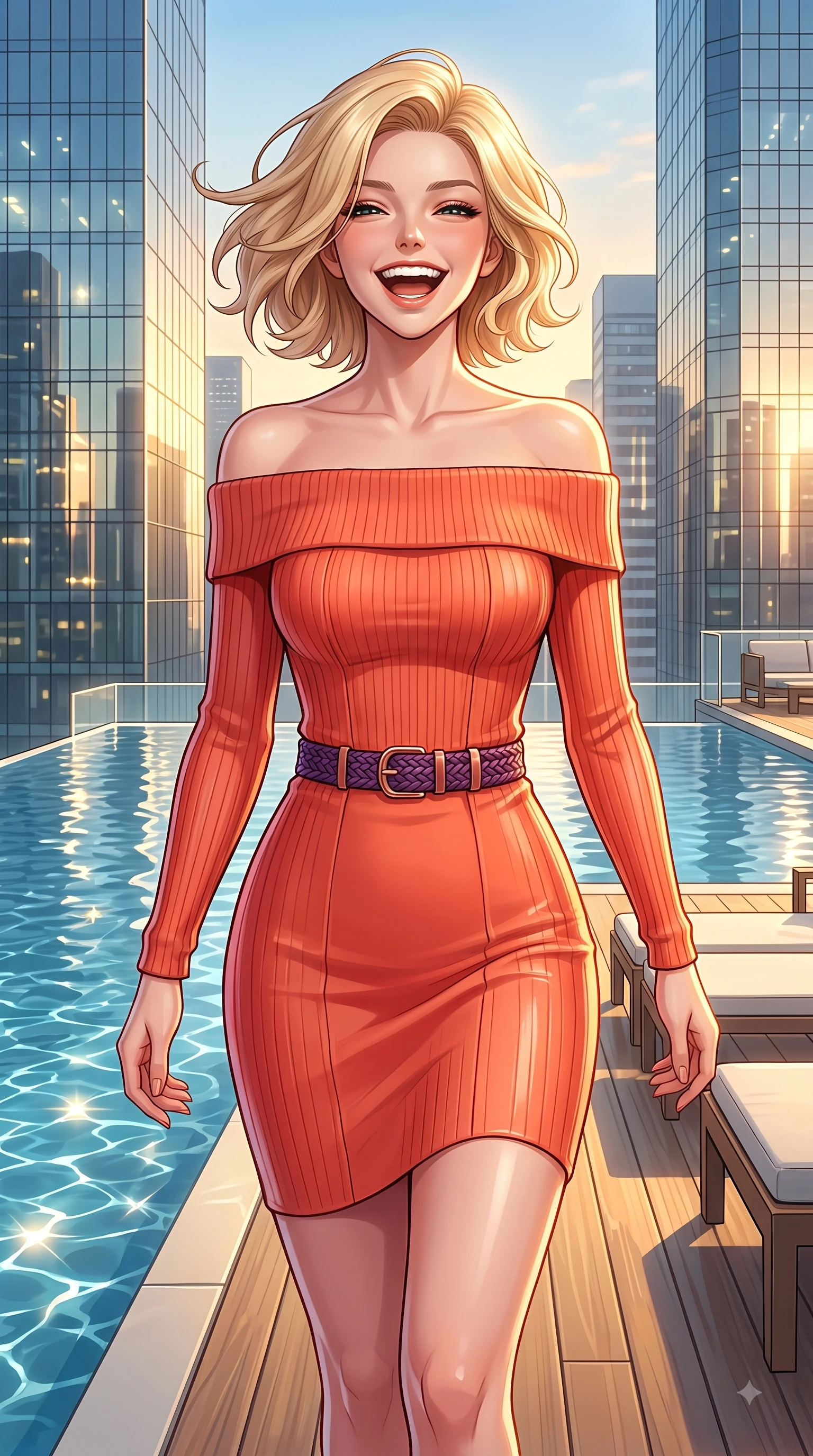 score_9, masterpiece, best quality, ultra-detailed, high-budget anime keyframe, editorial fashion photography, tasteful artistic composition, Caucasian woman. close-up cowboy shot from the waist and thighs up, the character dominates the composition, filling the frame with her large presence. Beaming joyful energy with a infectious laughter that brightens the entire composition while walking down a sunlit rooftop deck as golden hour light paints the modern city towers. The surrounding environment is rendered in vivid detail and crisp panoramic clarity. glistening skyscraper glass facades, infinity pool water ripples, and crisp rooftop deck furniture in deep focus. She has an exceptionally elegant, slender, and willowy female figure with an ultra-slim waist, a gracefully sculpted slender torso, and a refined silhouette. sharp v-shaped jawline, high-bridge nose, intricate jewel-like eyes with depth, thick eyelashes, glossy lips with a natural sheen, flawlessly proportioned anatomical accuracy, natural body alignment, perfectly sculpted elegant limbs, clean dynamic posture without body distortion. wearing a bold coral orange off-shoulder ribbed knit dress with a fitted waist belt in deep amethyst purple and rose gold, tailored from structured wool crepe with clean lines, complemented by clean architectural seams and subtle cutouts, the sleek second-skin fit accentuating her magnetic presence. illuminated by crisp specular highlights from infinity pool reflections and city lights. highly saturated vibrant anime colors, detailed shading with soft gradients, rich glossy textures, high-contrast stereoscopic depth, volumetric dynamic lighting, master piece, 9:16 ratio