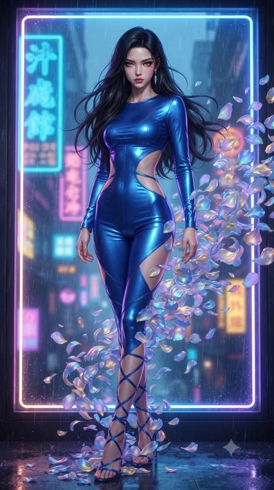 score_9, masterpiece, best quality, ultra-detailed, High-budget Anime Keyframe, editorial fashion photography, tasteful artistic composition, realistic cosplay photography, East Asian woman. Dynamic full-body shot stretching the vertical silhouette t
