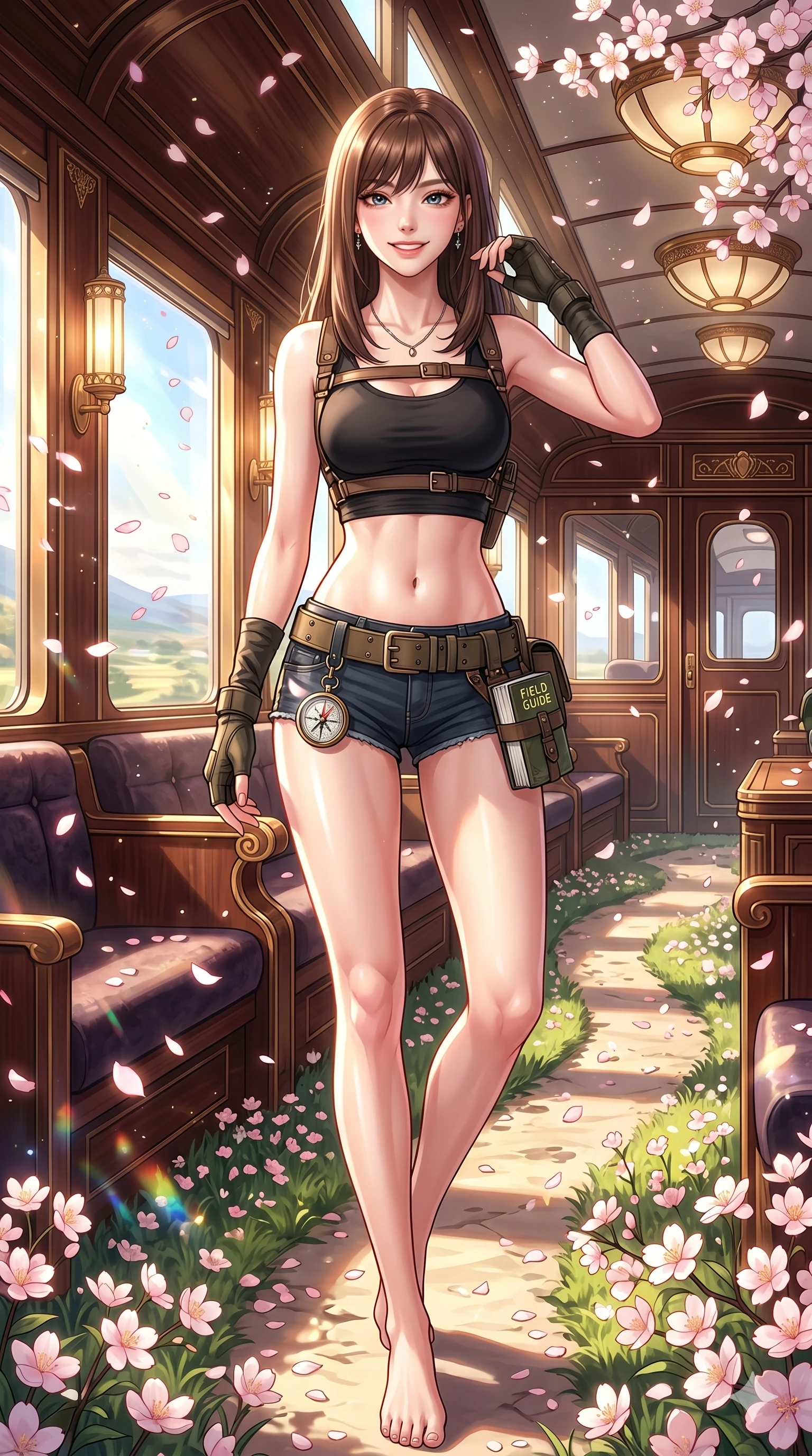score_9, masterpiece, best quality, ultra-detailed, high-budget anime keyframe, vibrant anime aesthetic, Korean woman. cowboy shot from the thighs up, character and outfit filling the frame for maximum presence. She is standing in a garden path, smiling delightfully as cherry blossoms fall around her inside a luxury train lounge car in the sun (Code-P20-097). She has an absolutely perfect 8-heads proportion, an exceptionally tall and slender female figure with impossibly long slender legs and an ultra-slim waist. V-shaped jawline, high-bridge nose, intricate jewel-like eyes with depth, thick eyelashes, glossy lips with a natural sheen. wearing a harness over a crop top exposing bare midriff and micro-shorts. She is illuminated by a brilliant midday sun, highlighting her athletic figure and smile. 2k, ultra detail, master piece, 9:16 ratio