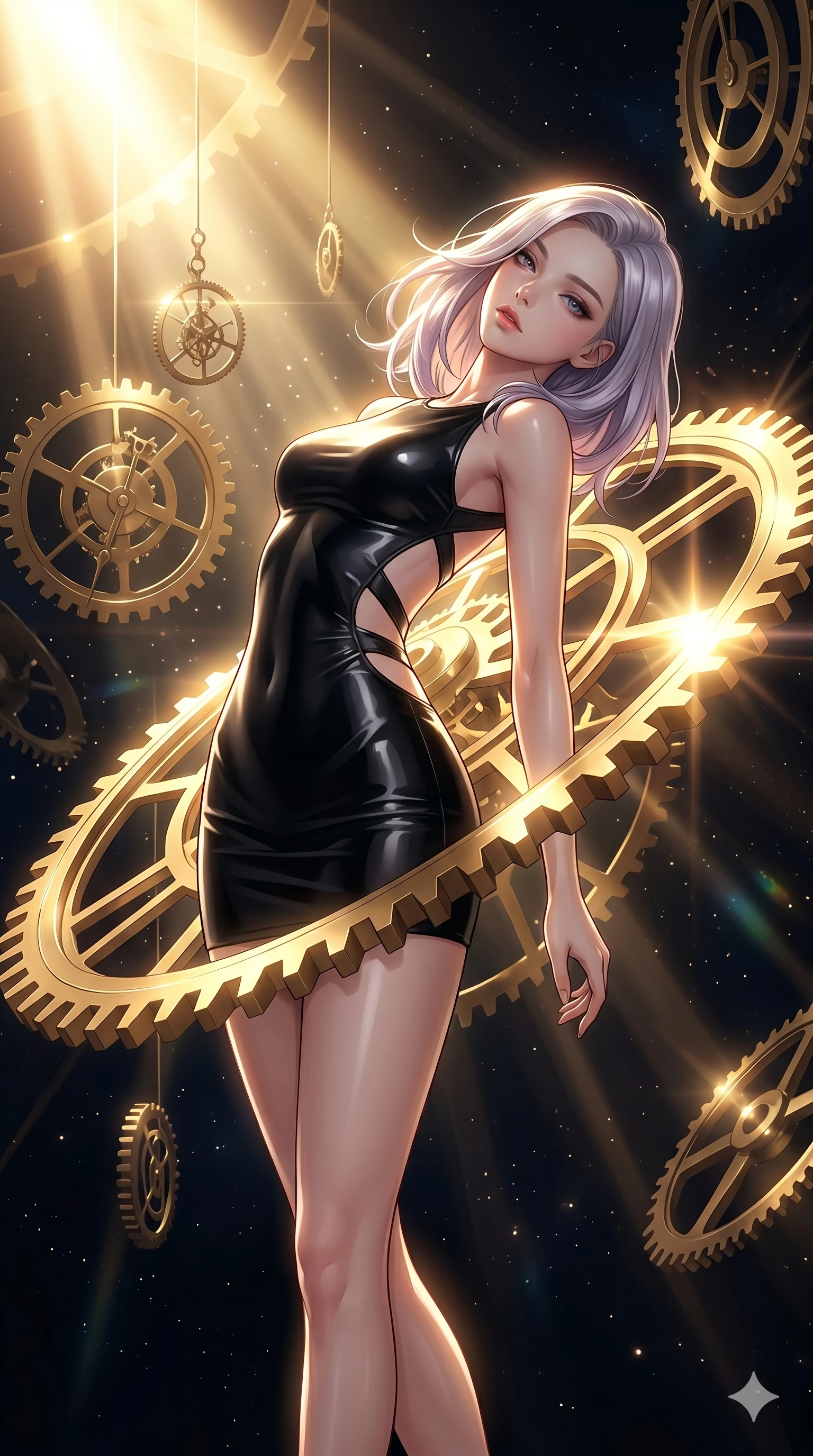 score_9, masterpiece, best quality, ultra-detailed, high-budget anime keyframe, Caucasian woman, strictly human ears. Upper body close-up from the thighs up, character filling the screen for maximum presence. She is intertwined with massive floating gold gears and clockwork mechanisms suspended in a void. She arches her spine backwards, looking at the camera with a dreamy, sensual gaze. She has an absolutely perfect 8-heads proportion, an exceptionally tall and slender female figure with impossibly long slender legs and an ultra-slim waist. V-shaped jawline, high-bridge nose, intricate jewel-like eyes with depth, thick eyelashes, glossy lips with a natural sheen. She is wearing a second-skin fashion-latex mini dress with a clean architectural front, featuring an open-back design that wraps around the sides of her waist, showcasing her slender silhouette. The scene is illuminated by warm, blindingly bright golden spotlights and sharp volumetric light rays. 2k, ultra detail, master piece, 9:16 ratio