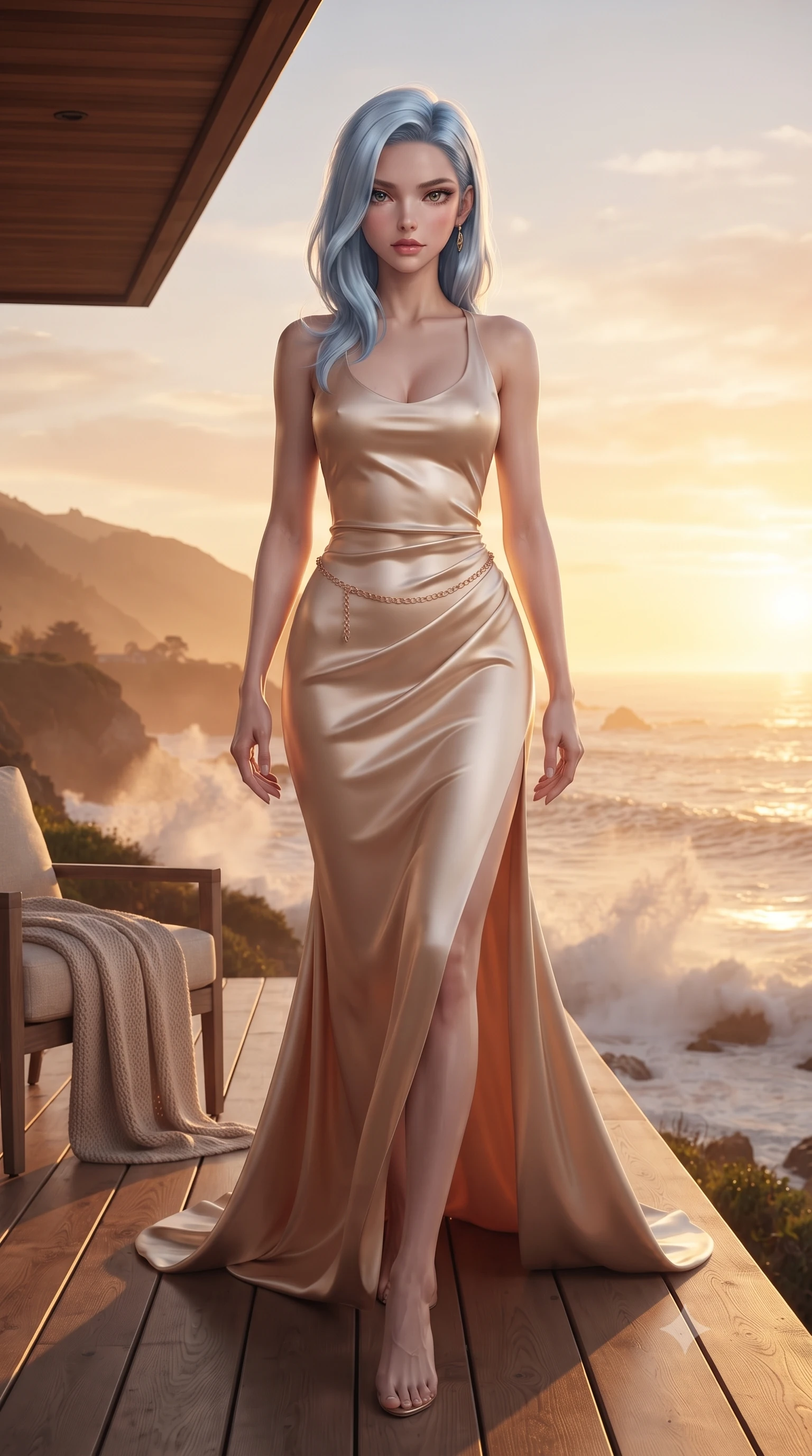 score_9, masterpiece, best quality, ultra-detailed, high-budget anime keyframe, editorial fashion photography, tasteful artistic composition, Korean woman. low angle full-body shot from head to toe showing her feet, filling the entire 9:16 vertical frame with her statuesque presence, stretching her vertical silhouette. striding forward in a proud supermodel runway stride, hips swaying in an alluring kinetic rhythm that accentuates her curvy hourglass silhouette while perching on the edge of a cantilevered cedar sun deck suspended high above the crashing Pacific, arching her lower back as golden sunset rays illuminate coastal sea spray. The surrounding environment is rendered in vivid detail and crisp panoramic clarity. detailed cashmere knit drape, sunset specular sheen on skin, and Big Sur coastline clarity in high resolution. She has an exceptionally tall and slender model-like 8.5-heads proportion, an ultra-slim waist, a flat toned midriff, narrow delicate ribcage, and beautifully sculpted feminine hips creating a graceful, slim hourglass silhouette without any bulky heaviness, with impossibly long slender legs. sharp v-shaped jawline, high-bridge nose, intricate jewel-like eyes with depth, thick eyelashes, glossy parted lips with a natural sheen, intensely captivating and seductive bedroom-eyes expression, flawlessly proportioned anatomical accuracy, strict slender model proportions, natural body alignment, perfectly sculpted long slender limbs, ultra-slim waistline, clean dynamic posture without body distortion. wearing an open-back duchess satin gala gown with a dramatic hip-hugging drape and cascading trailing hem in vintage champagne ivory and delicate rose gold, formed from supple second-skin lambskin leather with specular sheen, accented with a delicate gold chain belt resting loosely on her curvy hips, the precision-cut side openings and low-back scoop framing her graceful spine and the sensual sweep of her slim, toned hips. illuminated by warm cedar deck bounce light sharply defining her sculpted collarbones, ultra-slim waist, and curvy hips. ultra-reflective glossy finish, specular highlights, rich textural contrasts, high-contrast stereoscopic depth, volumetric dynamic lighting, 2k, ultra detail, master piece, 9:16 ratio
