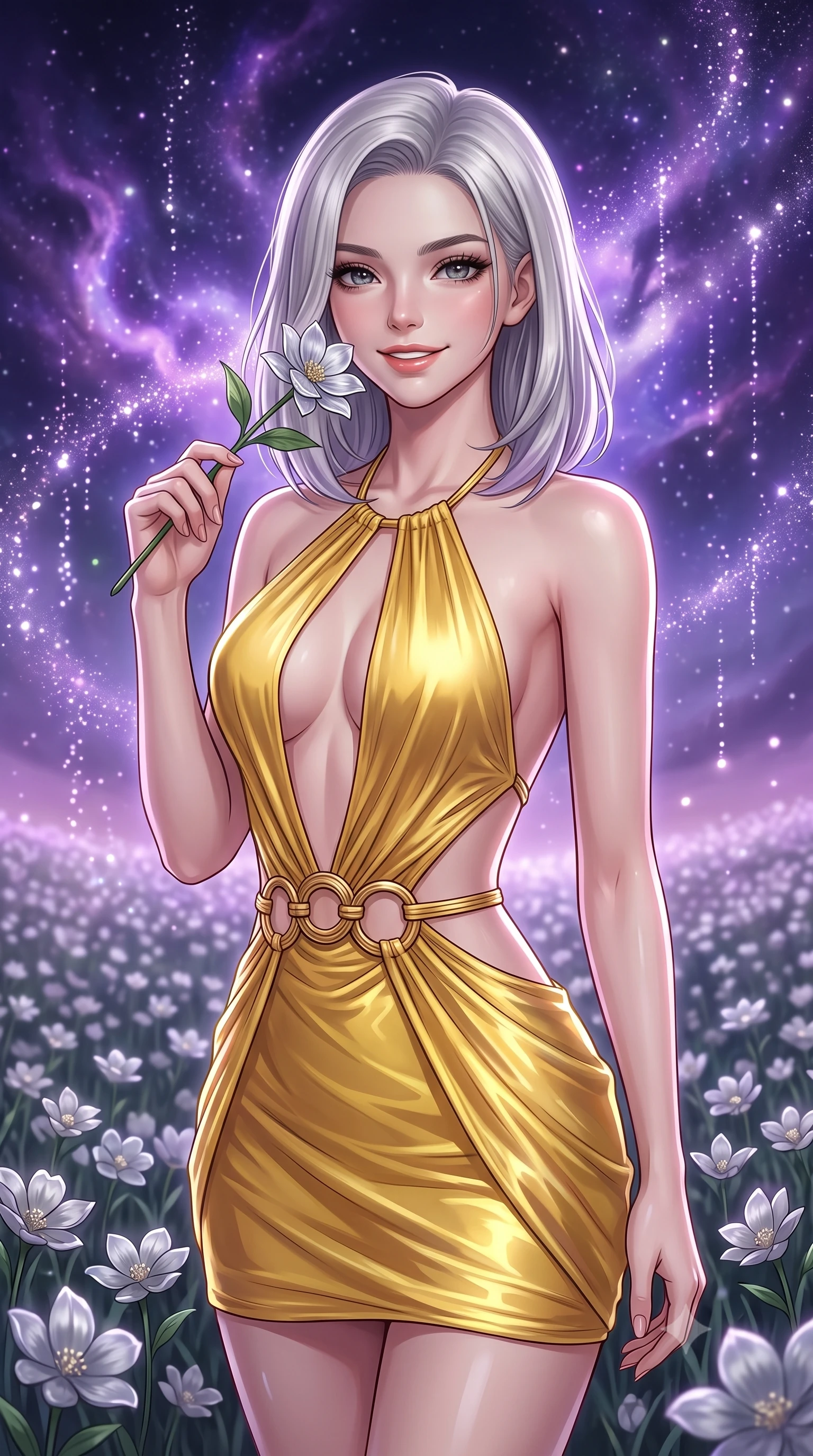 score_9, masterpiece, best quality, ultra-detailed, high-budget anime keyframe, editorial fashion photography, tasteful artistic composition, Caucasian woman, strictly human ears. close-up cowboy shot from the waist and thighs up, the character dominates the composition, filling the frame with her large presence, background elements kept in soft focus. Holding a delicate flower near her cheek, smiling with dreamy happiness. set against a soft-focus background of in an endless field of silver flowers swaying in the night breeze under a sky filled with glowing violet nebulae and falling stardust. She has an exceptionally elegant, slender, and willowy female figure with a highly-defined ultra-slim waist, a gracefully sculpted slender torso, and a refined slim-fit silhouette that contours her form. sharp v-shaped jawline, high-bridge nose, intricate jewel-like eyes with depth, thick eyelashes, glossy lips with a natural sheen. wearing a backless halter mini dress in liquid yellow gold, featuring a plunging front cutout and gold waist rings. soft glowing ambient light with sharp side key light tracing the sleek contours of her figure. 2k, ultra detail, master piece, 9:16 ratio