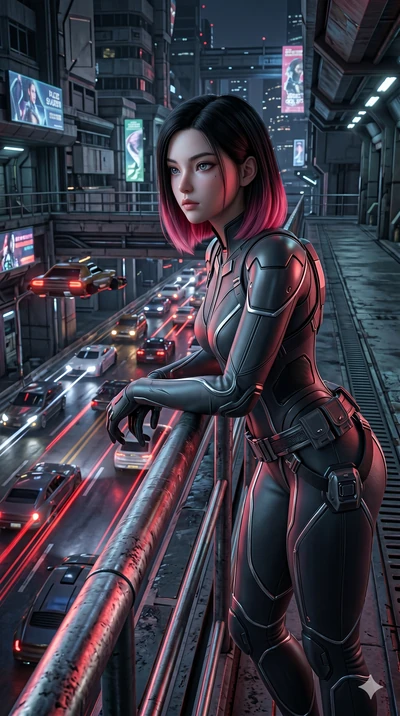 score_9, masterpiece, best quality, ultra-detailed, high-budget anime keyframe, semi-realistic 3D game render, Korean woman. Upper body close-up from the thighs up, character filling the screen for maximum presence. Leaning over a railing on an overh
