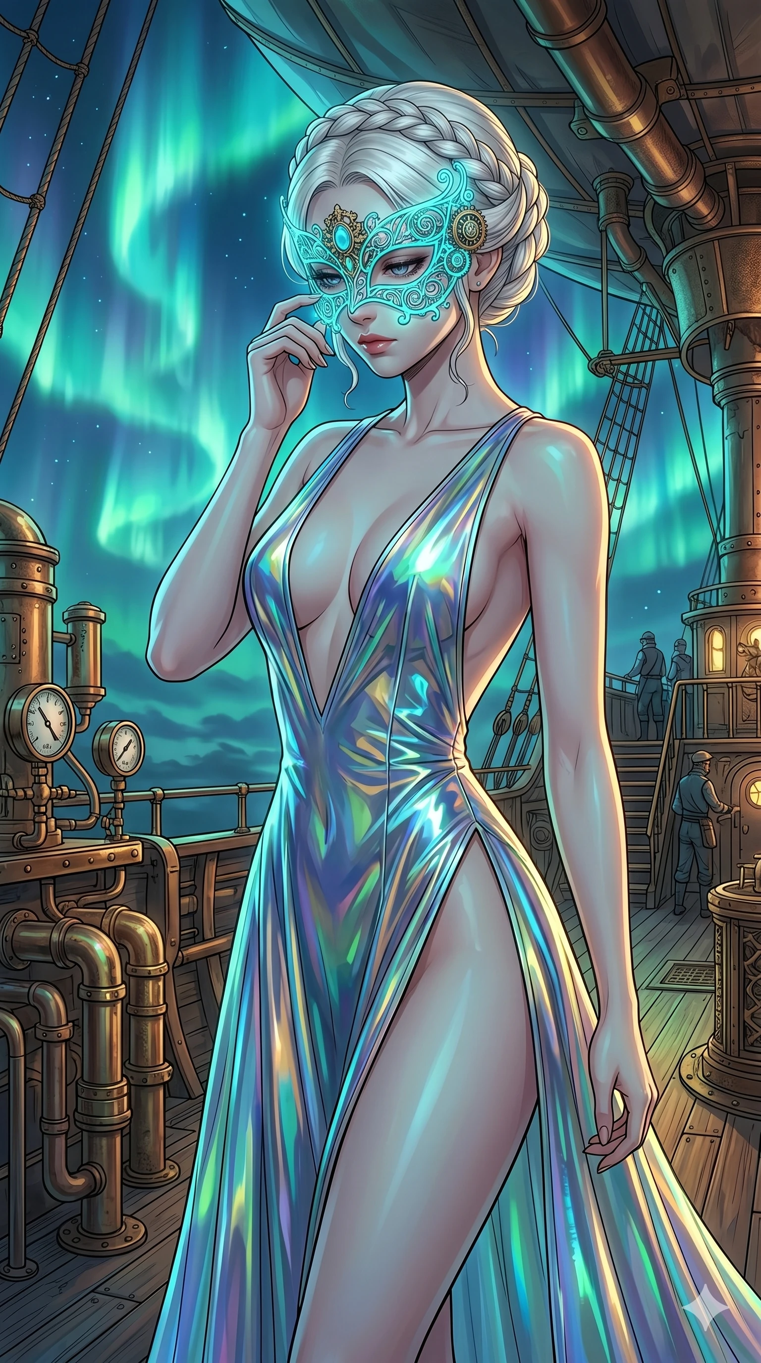 score_9, masterpiece, best quality, ultra-detailed, high-budget anime movie keyframe, cinematic anime lighting, intricate line art, Japanese woman. Medium shot of upper body capturing the intricate details of her high-fashion attire. adjusting a glowing mask in a steampunk airship deck amidst aurora borealis. She has an absolutely perfect 8-heads proportion, an exceptionally tall and slender female figure with an ultra-slim waist and impossibly long slender legs. sharp v-shaped jawline, high-bridge nose, intricate jewel-like eyes, thick eyelashes, glossy lips. Wearing avant-garde high-fashion gown made of iridescent vinyl with a dangerously high side slit and a plunging neckline, revealing an ultra-slim waist and long slender legs. The scene is illuminated by dramatic atmospheric lighting and vibrant color palettes. , 2k, ultra detail, master piece, 9:16 ratio