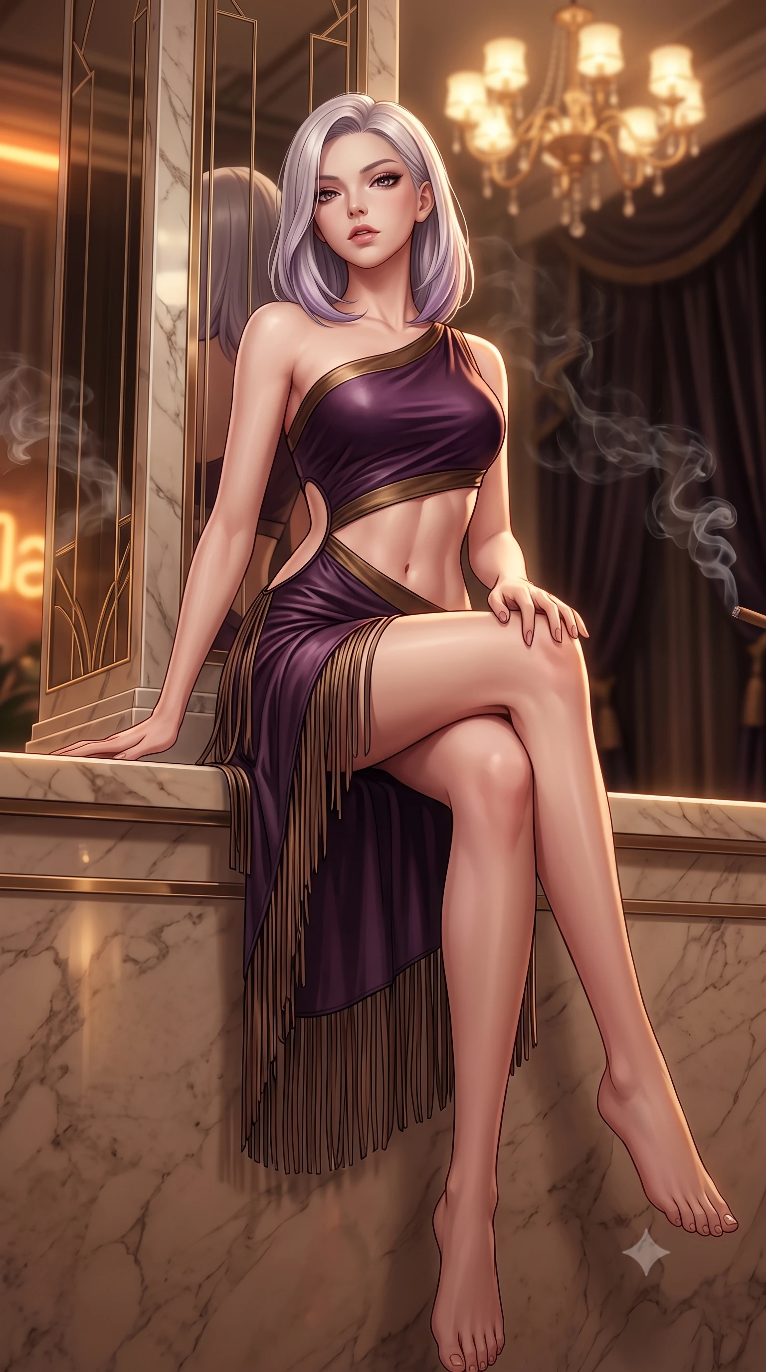 score_9, masterpiece, best quality, ultra-detailed, high-budget anime keyframe, semi-realistic 3D game render, editorial fashion photography, tasteful artistic composition, Caucasian woman. low angle full-body shot from head to toe showing her feet, filling the entire 9:16 vertical frame with her statuesque presence, stretching her vertical silhouette. sitting perched on the elevated ledge with hips angled toward the camera and legs crossed, displaying her toned midriff and flawlessly sculpted slender limbs while leaning back against a mirrored art deco column with hips cocked, casting a smoky, seductive bedroom-gaze past the camera. The composition keeps background elements in soft focus with creamy bokeh. drifting cigar smoke wisps and dark velvet draperies softened in luxurious 1920s shallow focus. She has an absolutely perfect, statuesque 8.5-heads proportion, an exceptionally tall and slender model-like female figure with impossibly long slender legs, a toned flat midriff, an ultra-slim waist, and beautifully sculpted feminine hips. sharp v-shaped jawline, high-bridge nose, intricate jewel-like eyes with depth, thick eyelashes, glossy parted lips with a natural sheen, intensely captivating and seductive bedroom-eyes expression, flawlessly proportioned anatomical accuracy, strict slender model proportions, natural body alignment, perfectly sculpted long slender limbs, ultra-slim waistline, clean dynamic posture without body distortion. wearing an asymmetric one-shoulder fringe flapper dress with an exposed midriff cutout in deep plum violet and antique bronze, crafted from second-skin supple lambskin leather with liquid drape, finished with tiered silk fringe tassels that sway with every feminine hip movement, the precision-cut side openings and low-back scoop framing her graceful spine and the sensual sweep of her hips. bathed in warm incandescent chandelier warmth and vintage amber neon glow. highly saturated vibrant anime colors, detailed shading with soft gradients, rich glossy textures, high-contrast stereoscopic depth, volumetric dynamic lighting, master piece, 9:16 ratio