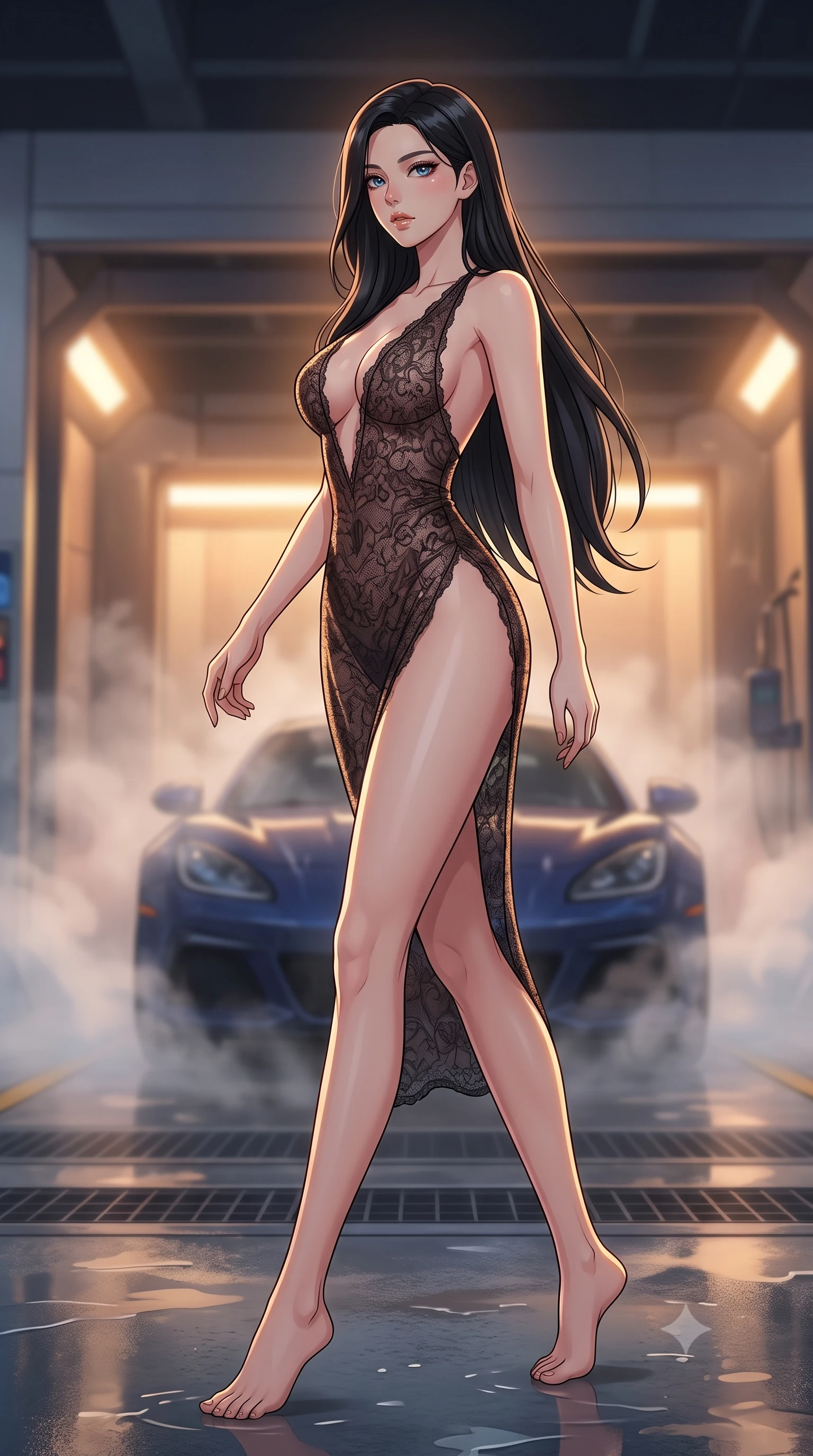score_9, masterpiece, best quality, ultra-detailed, high-budget anime keyframe, tasteful artistic composition, Korean woman. low angle full-body shot from head to toe showing her feet, filling the entire 9:16 vertical frame with her statuesque presence, stretching her vertical silhouette. stepping gracefully while looking back over her shoulder, her dress draped tightly to reveal her silhouette the background shows a soft-focus an automated wash bay with steam rising softly around a dark blue sports car. She has an absolutely perfect, statuesque 8.5-heads proportion, an exceptionally tall and slender model-like female figure with impossibly long slender legs and an ultra-slim waist. sharp v-shaped jawline, high-bridge nose, intricate jewel-like eyes with depth, thick eyelashes, glossy lips with a natural sheen. wearing a body-hugging semi-opaque dark lace dress with a plunging neckline and high-cut leg line. warm low-key amber lights highlighting the glossy steam and wet textures. highly saturated vibrant anime colors, cel-shading, 2d style, master piece, 9:16 ratio