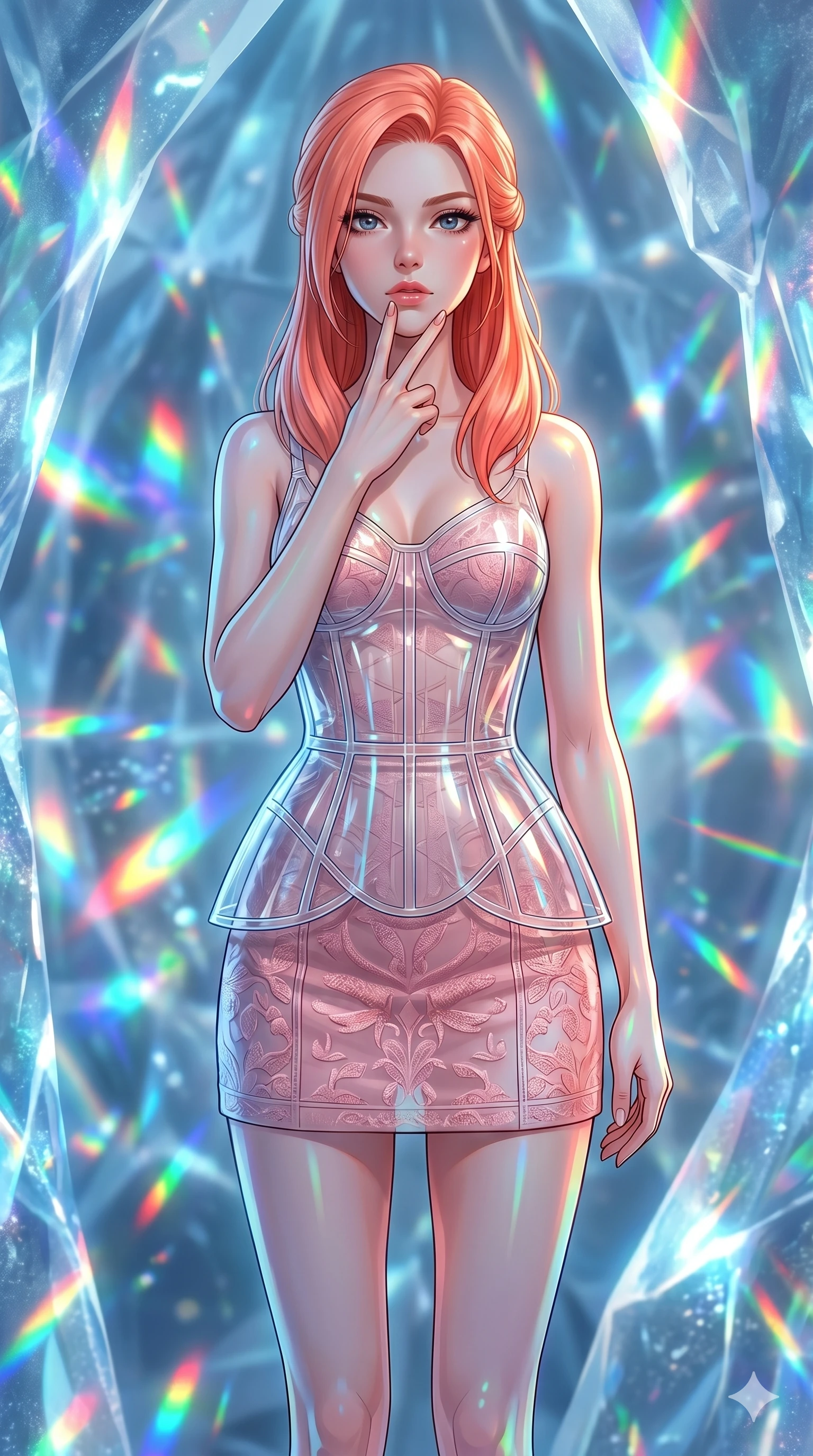 score_9, masterpiece, best quality, ultra-detailed, high-budget anime keyframe, editorial fashion photography, tasteful artistic composition, Japanese woman. cowboy shot from the thighs up, character and outfit filling the frame for maximum editorial presence. pressing two fingers to her chin in a composed, thoughtful pose in a glacier ice dome with prismatic light (Code-P17-200). She has an absolutely perfect 8-heads proportion, an exceptionally tall and slender female figure with impossibly long slender legs and an ultra-slim waist. V-shaped jawline, high-bridge nose, intricate jewel-like eyes with depth, thick eyelashes, glossy lips with a natural sheen. wearing a translucent structured bodice over a pink patterned embroidery slip dress. cool blue light from the hologram reflecting off her skin and matte suit textures. 2k, ultra detail, master piece, 9:16 ratio