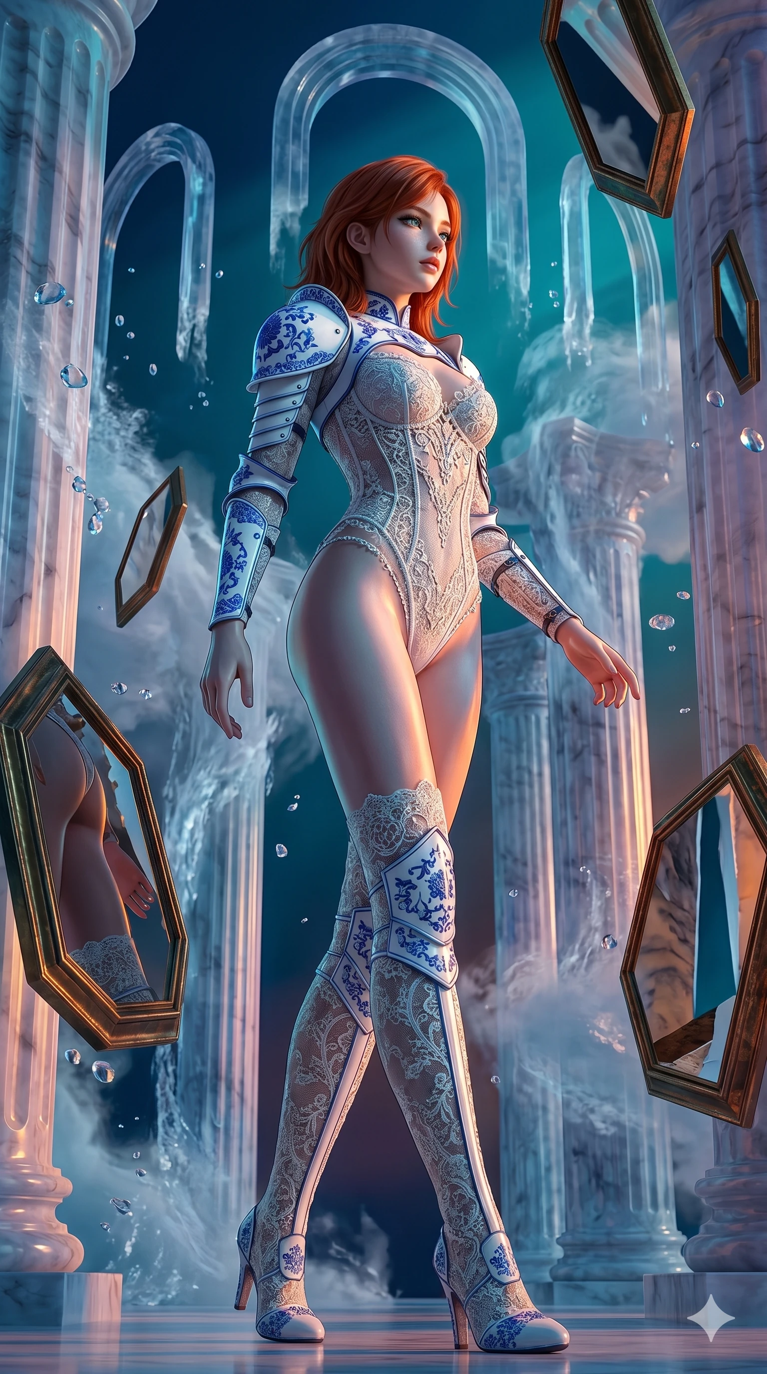 score_9, masterpiece, best quality, ultra-detailed, high-budget anime keyframe, Caucasian woman, strictly human ears. low angle full-body shot filling the entire 9:16 frame with her statuesque presence, stretching the vertical silhouette. wandering through a mirage cloud cathedral of translucent marble and water mist, surrounded by floating ancient bronze mirror walls. She has an absolutely perfect 8-heads proportion, an exceptionally tall and slender female figure with impossibly long slender legs and an ultra-slim waist. V-shaped jawline, high-bridge nose, intricate jewel-like eyes with depth, thick eyelashes, glossy lips with a natural sheen.. wearing a porcelain and lace armor fusion, featuring a white hard shoulder plate with blue porcelain patterns and a semi-opaque white lace corset bodysuit with a refined high-cut silhouette. accented by dynamic color-blocked lighting with high-contrast shadows emphasizing her statuesque height. 2k, ultra detail, master piece, 9:16 ratio
