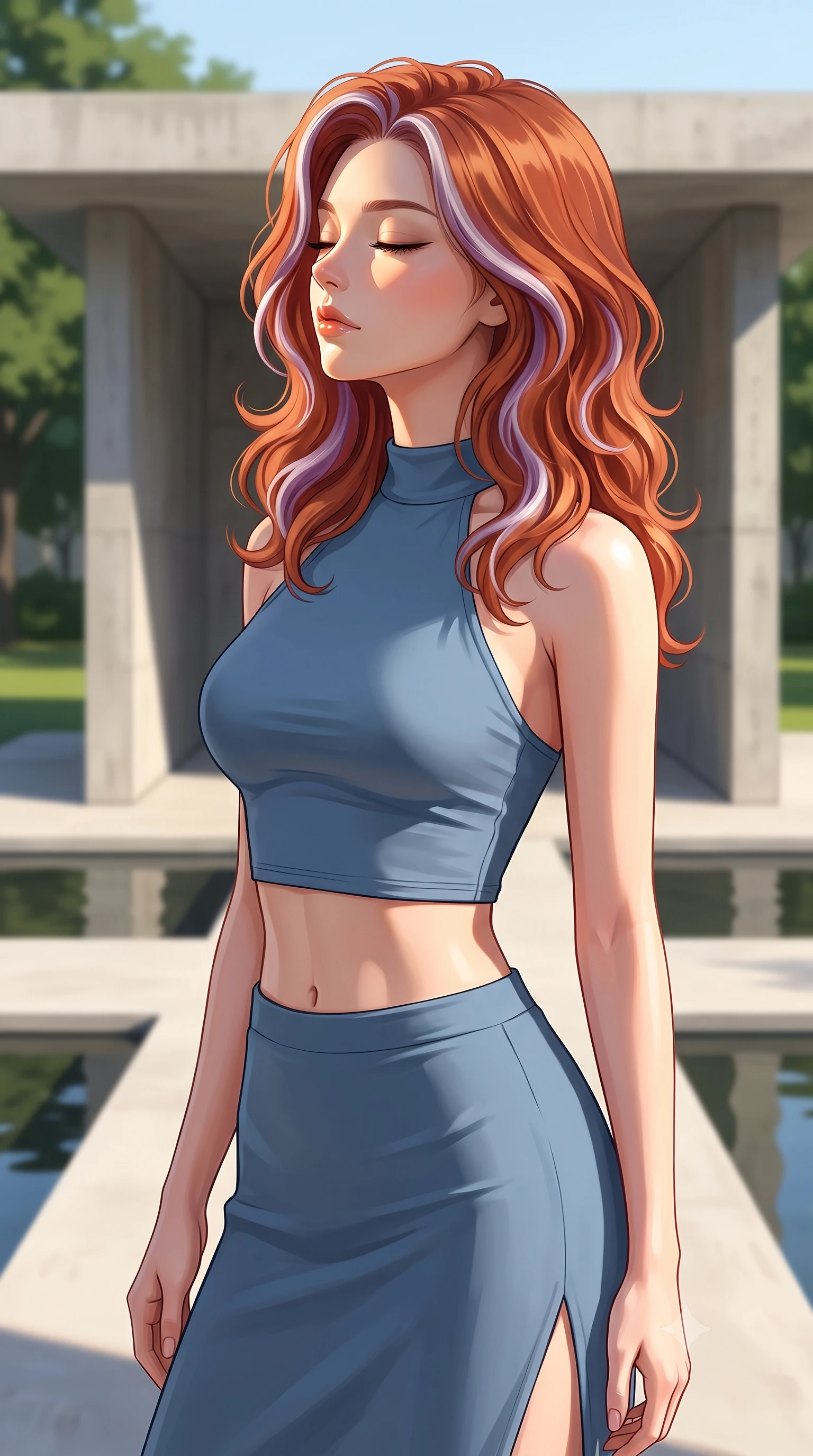 score_9, masterpiece, best quality, ultra-detailed, high-budget anime keyframe, editorial fashion photography, tasteful artistic composition, Caucasian woman woman. close-up cowboy shot from the waist and thighs up, the character dominates the composition, filling the frame with her large presence, background elements kept in soft focus. turning her face in profile to catch the warm sunlight on her cheek, eyes softly closed the background shows a soft-focus a minimalist concrete pavilion in a green park, with water pools reflecting the structure. She has an exceptionally elegant, slender, and willowy female figure with an ultra-slim waist, a gracefully sculpted slender torso, and a refined silhouette. sharp v-shaped jawline, high-bridge nose, intricate jewel-like eyes with depth, thick eyelashes, glossy lips with a natural sheen. wearing a form-contouring cropped halter neck top in dusty blue paired with a side-slit midi skirt. bright midday sun rays creating clean, sharp shadows and reflections. 2k, ultra detail, master piece, 9:16 ratio