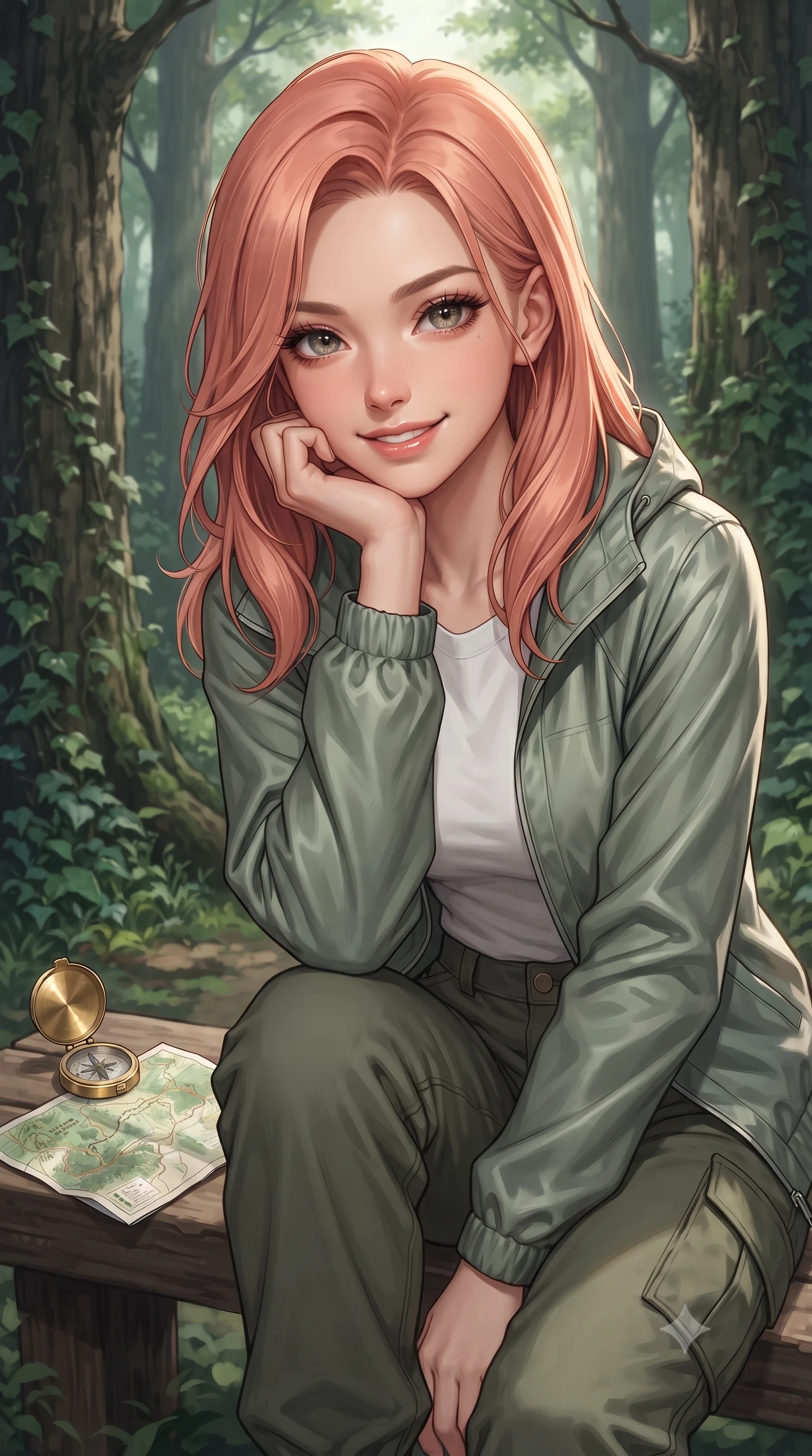score_9, masterpiece, best quality, ultra-detailed, high-budget anime keyframe, editorial fashion photography, tasteful artistic composition, Japanese woman. close-up cowboy shot from the waist and thighs up, the character dominates the composition, filling the frame with her large presence, background elements kept in soft focus. smiling cutely while resting her chin on her hand, looking directly into the lens set against a soft-focus background of in a shaded valley glen with tall ancient trees and wild ivy vines with a small compass and a map of the forest trail on a nearby bench. She has an exceptionally elegant, slender, and willowy female figure with an ultra-slim waist, a gracefully sculpted slender torso, and a refined silhouette. sharp v-shaped jawline, high-bridge nose, intricate jewel-like eyes with depth, thick eyelashes, glossy lips with a natural sheen. wearing tailored casual athletic windbreaker in sage green, paired with a simple tee and cargo pants. cool forest shadows contrasting with warm shafts of sunbeams. ultra-reflective glossy finish, specular highlights, metallic sheen, high-contrast stereoscopic depth, volumetric dynamic lighting, 2k, ultra detail, master piece, 9:16 ratio