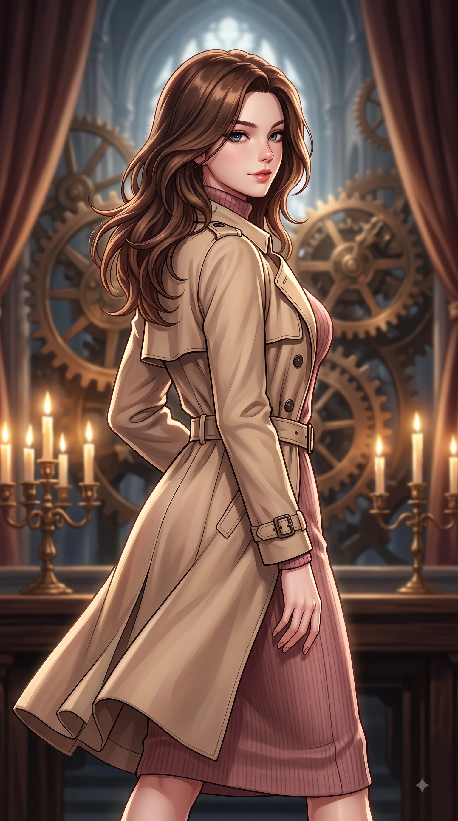 score_9, masterpiece, best quality, ultra-detailed, high-budget anime keyframe, editorial fashion photography, tasteful artistic composition, Korean woman woman. close-up cowboy shot from the waist and thighs up, the character dominates the composition, filling the frame with her large presence, background elements kept in soft focus. She has an exceptionally elegant, slender, and willowy female figure with an ultra-slim waist, a gracefully sculpted slender torso, and a refined silhouette. glancing sidelong over her shoulder with a smoldering, magnetic half-smile, flawlessly proportioned anatomical accuracy, natural body alignment, perfectly sculpted elegant limbs, clean dynamic posture without body distortion. set against a soft-focus background of a high space cathedral nave with rotating bronze gears and velvet drapes. wearing a classic tailored trench coat over a high-neck dusty rose knit midi dress. bathed in dramatic chiaroscuro key light with flickering golden candlelight. highly saturated vibrant anime colors, detailed shading with soft gradients, rich glossy textures, high-contrast stereoscopic depth, volumetric dynamic lighting, master piece, 9:16 ratio