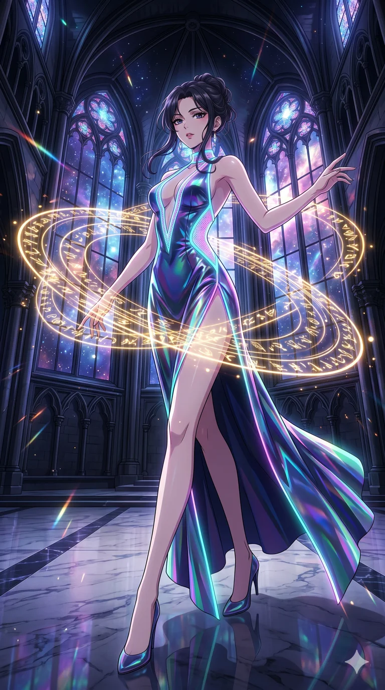 score_9, masterpiece, best quality, ultra-detailed, High-budget Anime Keyframe, vibrant colors, fluid line-art, expressive lighting, cinematic composition, Ufotable-style visual effects, top-tier animation quality, Japanese woman with delicate and elegant anime-inspired features. Wide-angle low shot emphasizing her impossibly long slender legs and commanding stature. Performing a high-speed mystical ritual in a temple of pure light, her body surrounded by orbiting golden runes and symbols. She has an absolutely perfect 8-heads proportion, an exceptionally tall and slender female figure with impossibly long slender legs and an ultra-slim waist, her statuesque height and towering silhouette dominating the vertical 9:16 frame. Her face is a masterpiece featuring a sharp v-shaped jawline, high-bridge nose, intricate jewel-like eyes with depth, thick eyelashes, and glossy lips with a natural sheen. She is wearing a Holographic lace evening gown with a dangerously high slit and a plunging neckline crafted from Fluorescent mesh that glows brightly under neon light, highlighting her silhouette, unzipped deeply to reveal a daring glimpse of her chest and a high-cut leg line. The scene is set in a majestic gothic cathedral in deep space with massive windows overlooking a swirling nebula, illuminated by dynamic strobe effects that capture her movement in a series of sharp fragments. 2k, ultra detail, master piece, 9:16 ratio